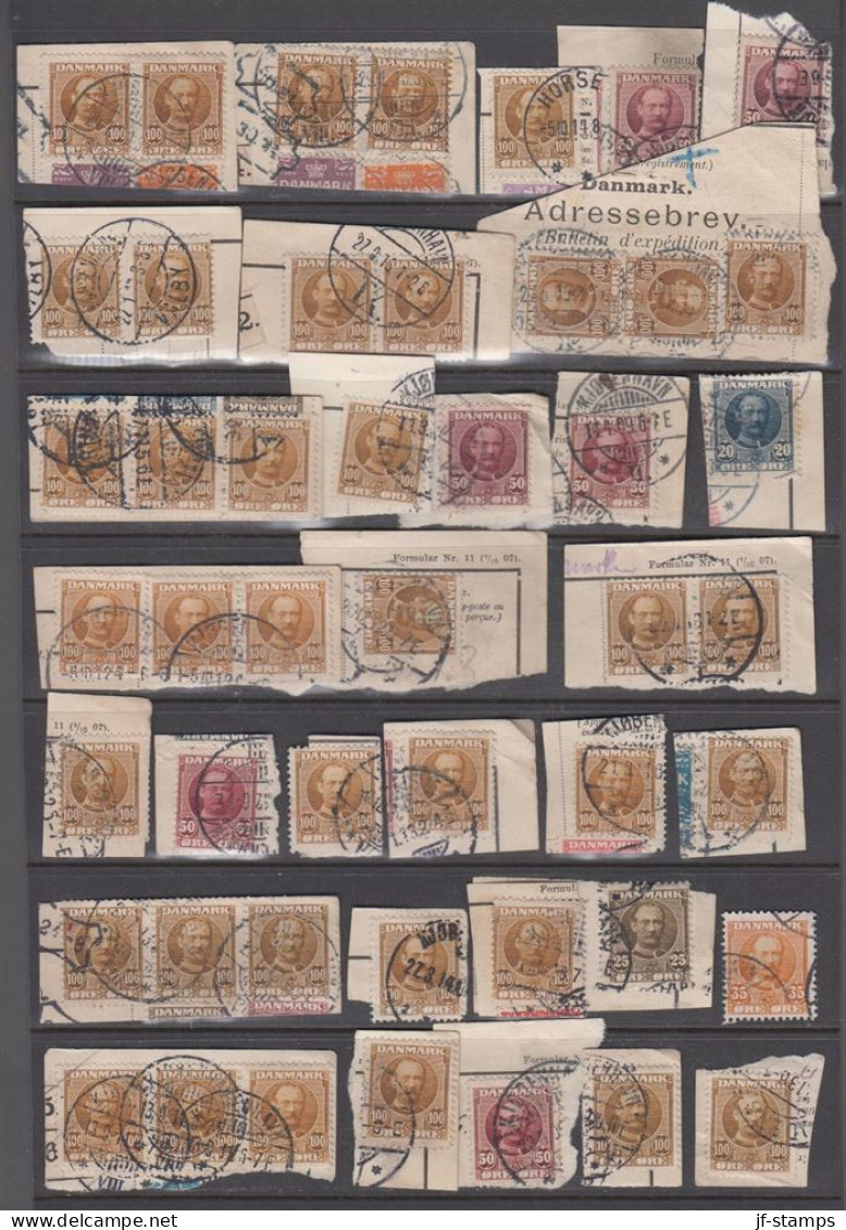 1907. King Frederik VIII. Selection With 40+ Stamps Mainly 100 Øre On Cut From Parcelcards.  (Michel 59+) - JF537232 - Oblitérés