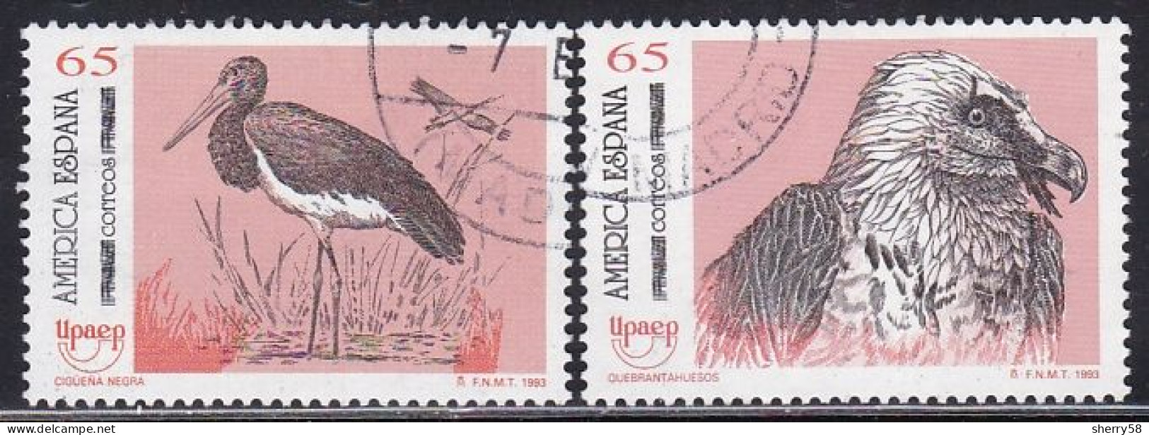 1993-ED. 3270 Y 3271 -SERIE COMPLETA. AMÉRICA UPAEP.AVES EN PELIGRO EXTINCIÓN.CIGÜEÑA NEGRA Y QUEBRANTAHUESOS-USADO - Gebruikt