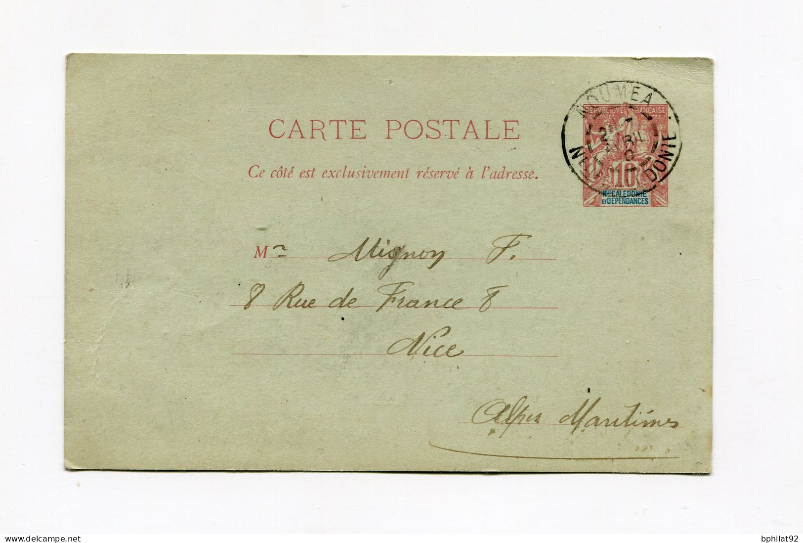 !!! NOUVELLE CALEDONIE, ENTIER POSTAL DE NOUMEA DE 1910 POUR NICE - Lettres & Documents