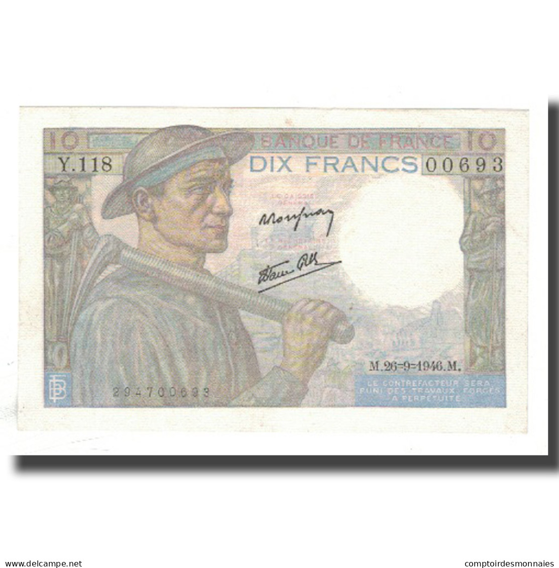 France, 10 Francs, Mineur, 1946, 1946-09-26, SUP, Fayette:8.15, KM:99e - 10 F 1941-1949 ''Mineur''