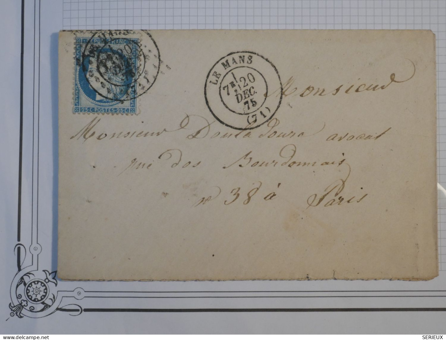 DF14  FRANCE BELLE LETTRE  1875  LE MANS  A PARIS    +CERES  N°60 ++ DOUBLE  AFF.  INTERESSANT+ ++++ - 1849-1876: Periodo Clásico