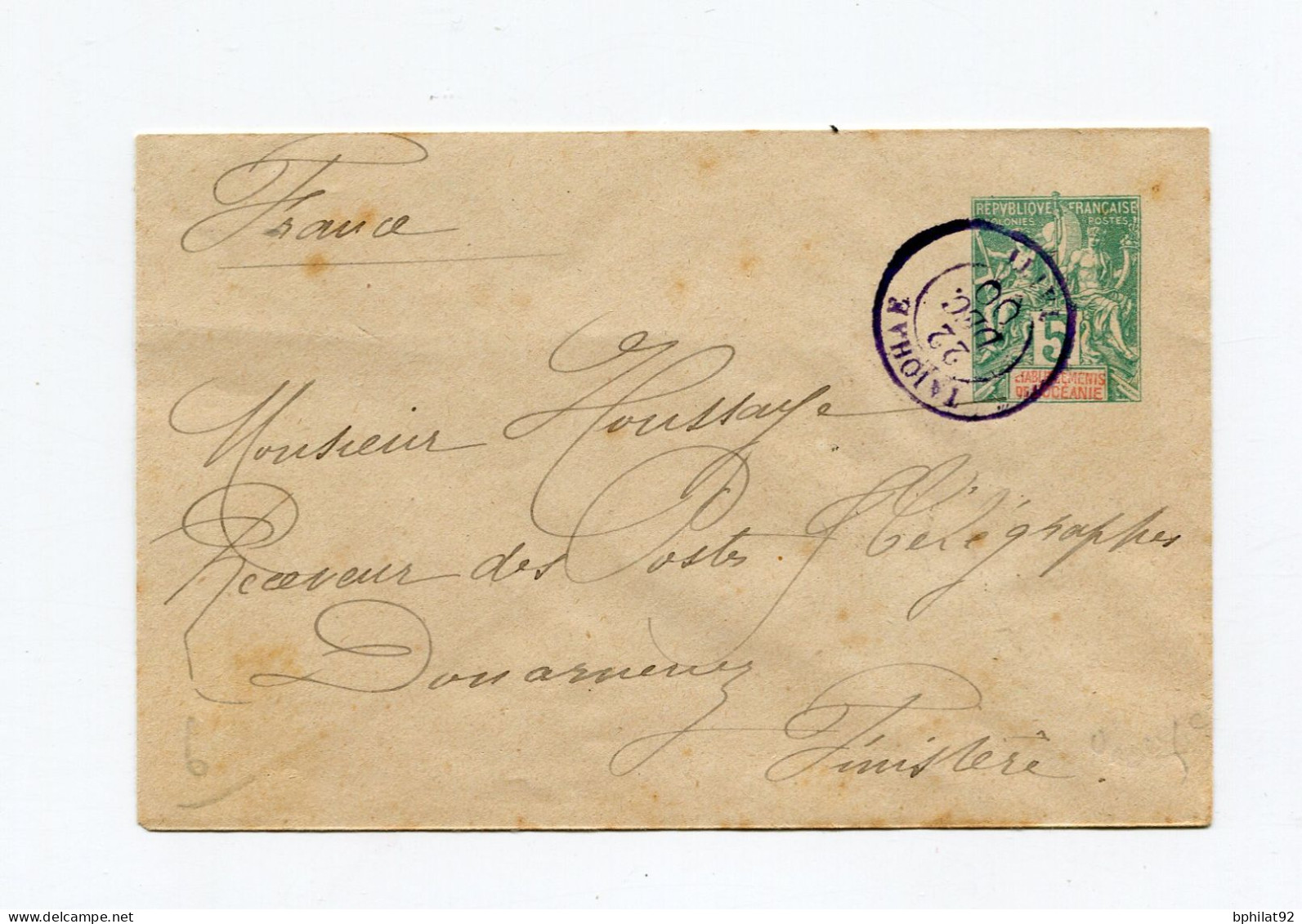 !!! TAHITI, ENTIER POSTAL DE 1900 POUR DOUARNENEZ, CACHET TAIOHAE TAITI - Briefe U. Dokumente