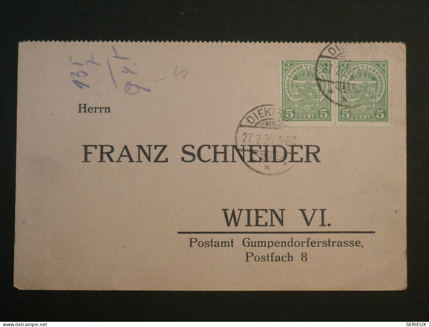 DF14  LUXEMBOURG  BELLE  CARTE   1920 DIEKIRCH  A WIEN AUTRICHE  + PAIRE DE TP  +AFF. INTERESSANT+++++ - 1907-24 Abzeichen