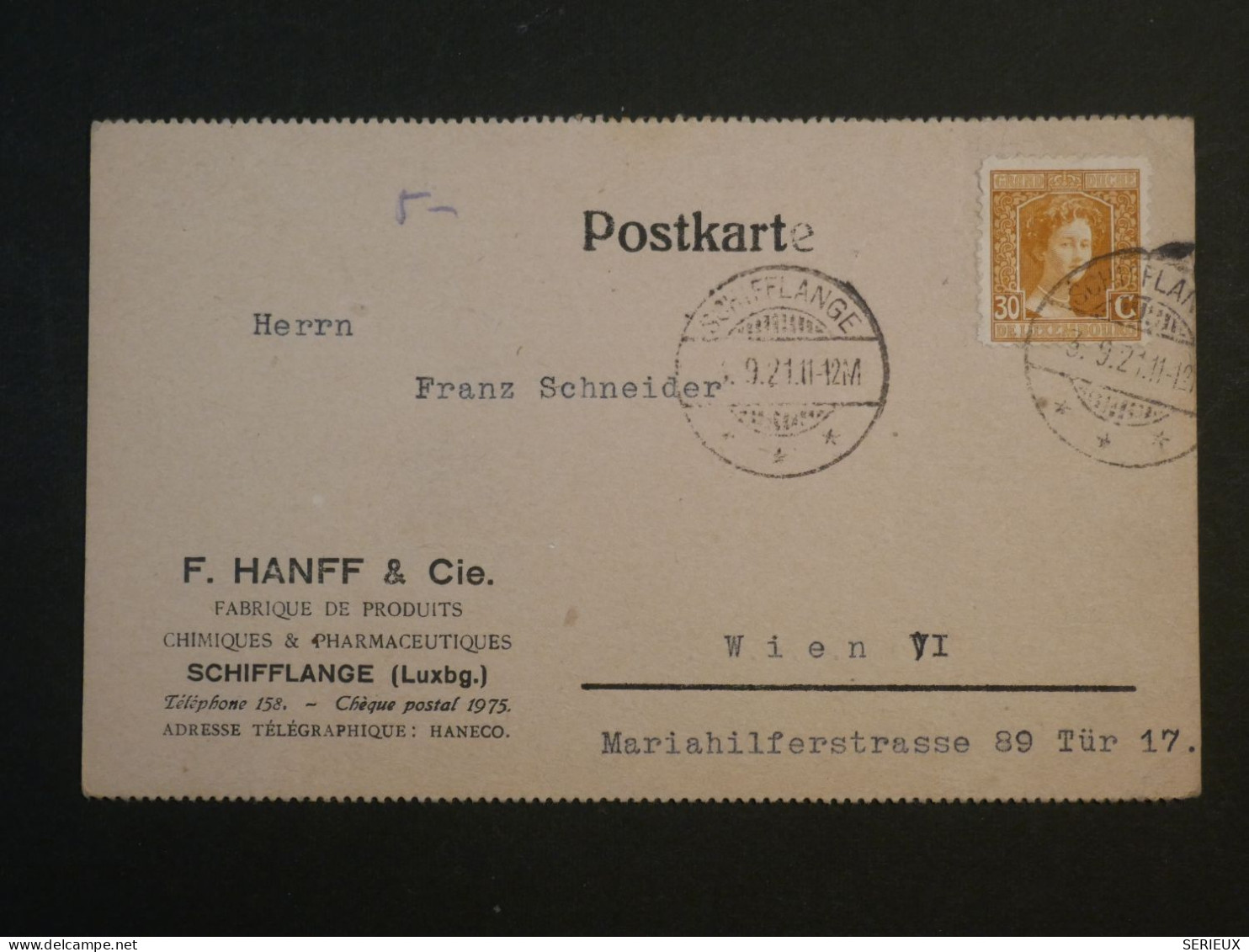 DF14  LUXEMBOURG  BELLE  CARTE 1921 SCHIFFLANGE A WIEN AUTRICHE +AFF. INTERESSANT+++++ - Storia Postale