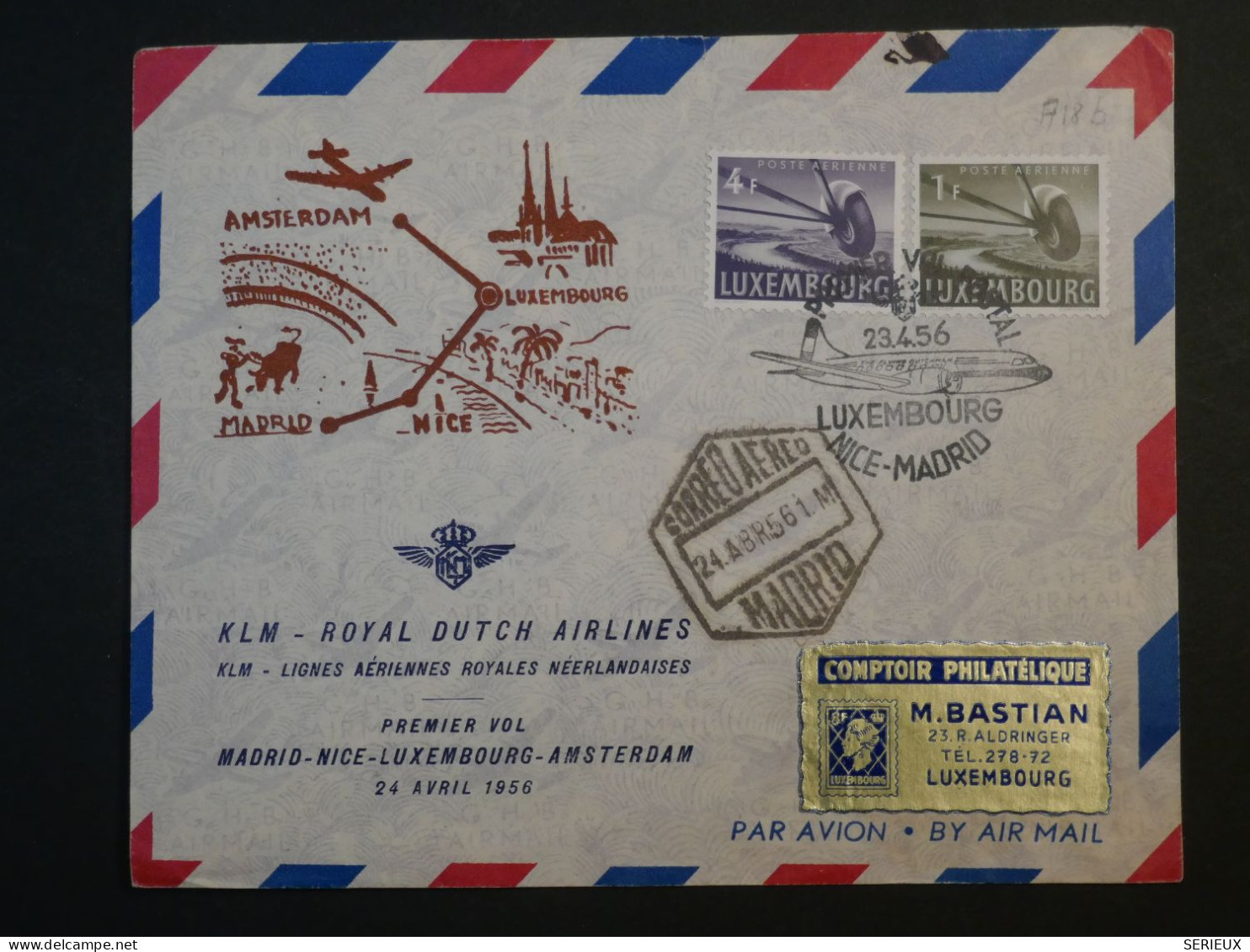 DF14  LUXEMBOURG  BELLE  LETTRE  1956 1ER VOL   A MADRID  +AFF. INTERESSANT+++++ - Storia Postale