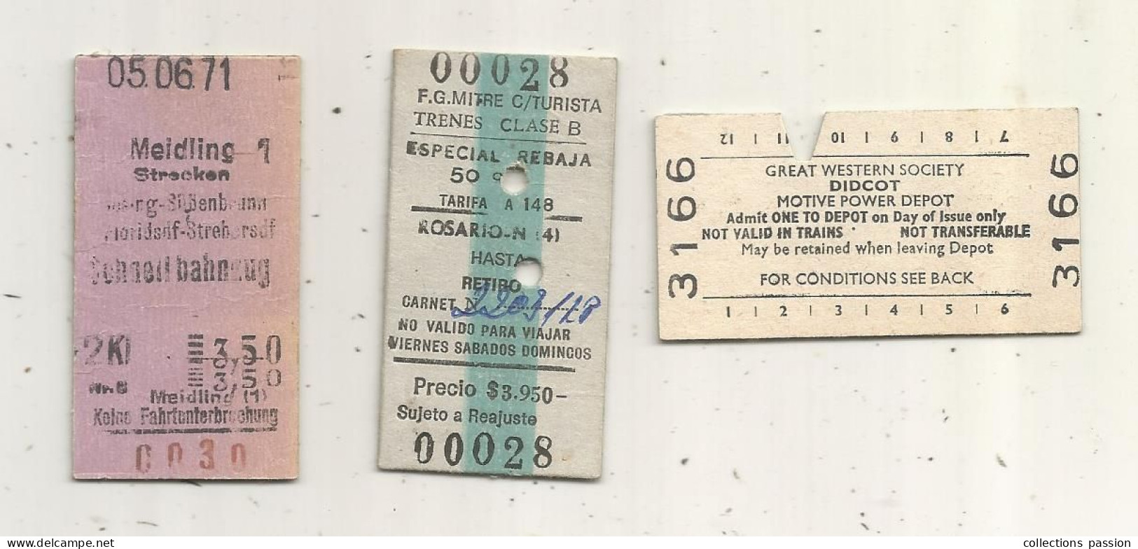 Ticket De Chemin De Fer, Didcot-Angleterre, Meidling-Autriche, Rosario-Espagne, LOT DE 3 TICKETS DE CHEMIN DE FER - Europa