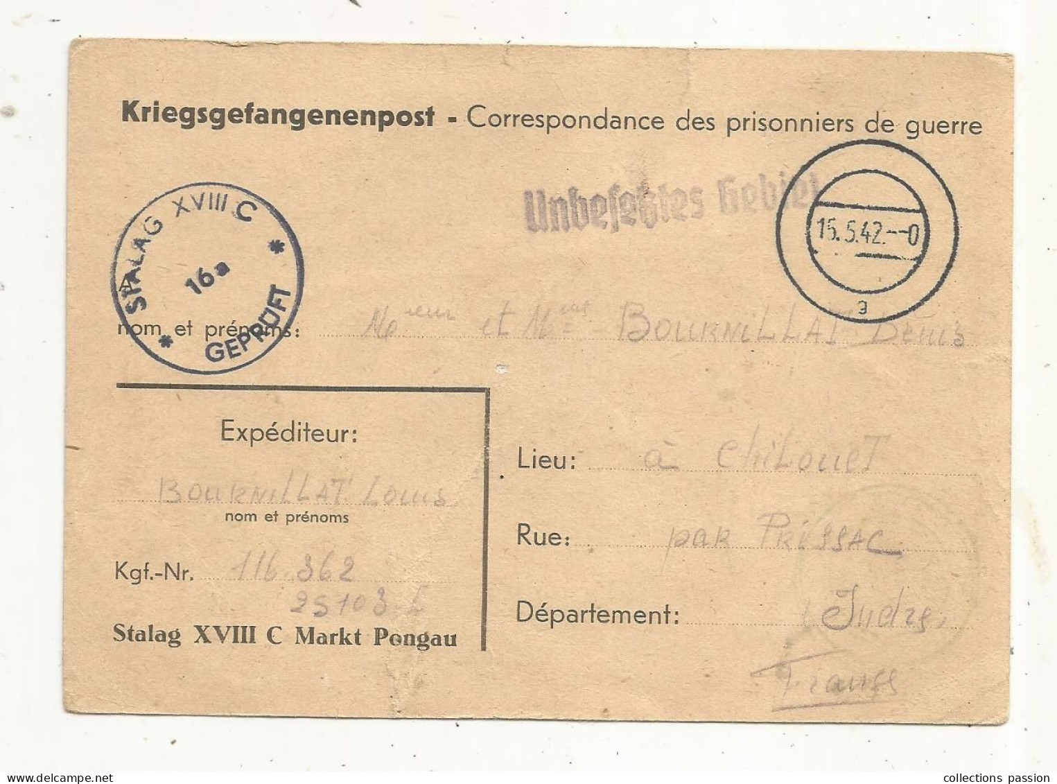 CORRESPONDANCE DES PRISONNIERS DE GUERRE, Kriegsgefangenenpost, Stalag XVIII C Markt Pongau, 1942 - Kriegsgefangenenpost