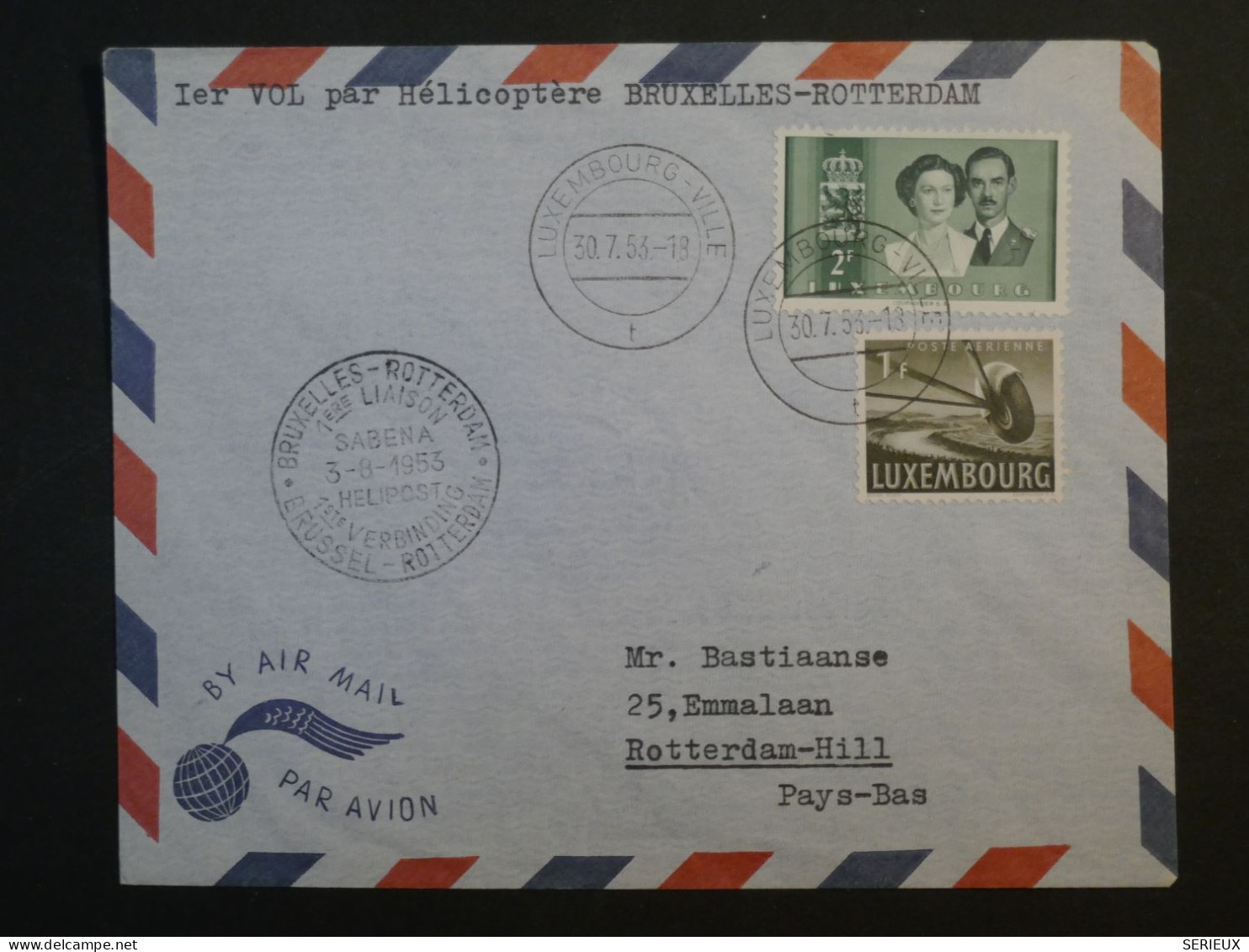 DF14  LUXEMBOURG  BELLE  LETTRE  1953 1ER VOL  HELICOPTERE  A  ROTTERDAM PAYS BAS  +AFF. INTERESSANT+++++ - Storia Postale