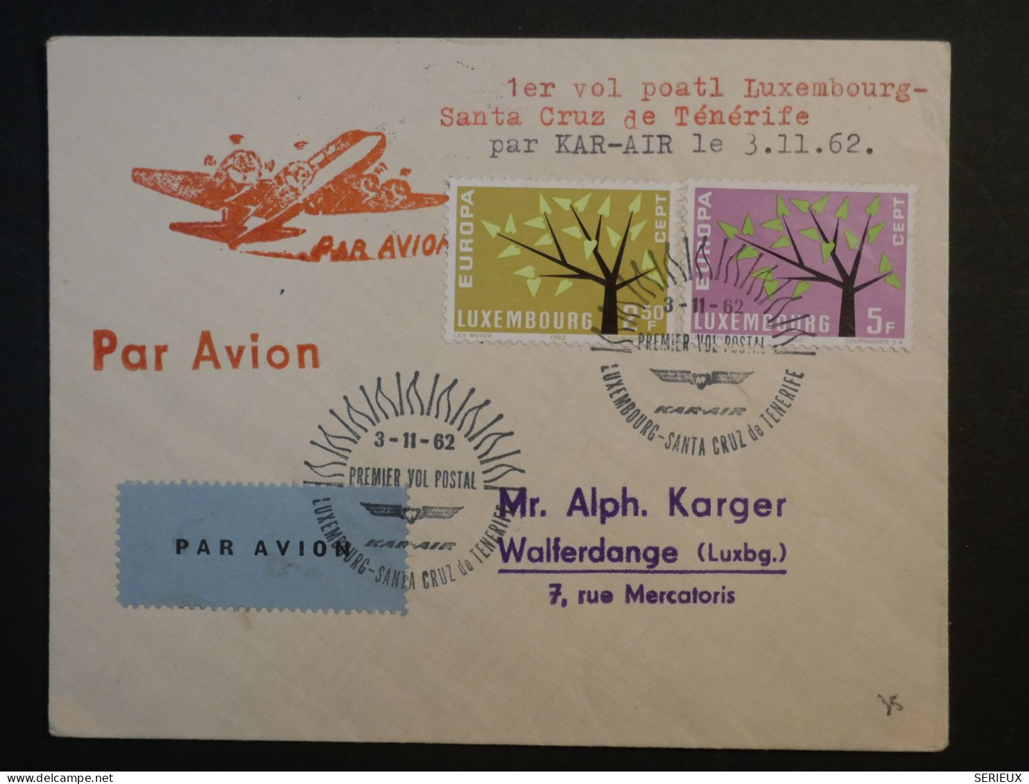 DF14  LUXEMBOURG  BELLE  LETTRE  1962 1ER VOL A SANTA CRUZ DE TENERIFE + KAR AIR +++AFF. INTERESSANT+++++ - Cartas & Documentos