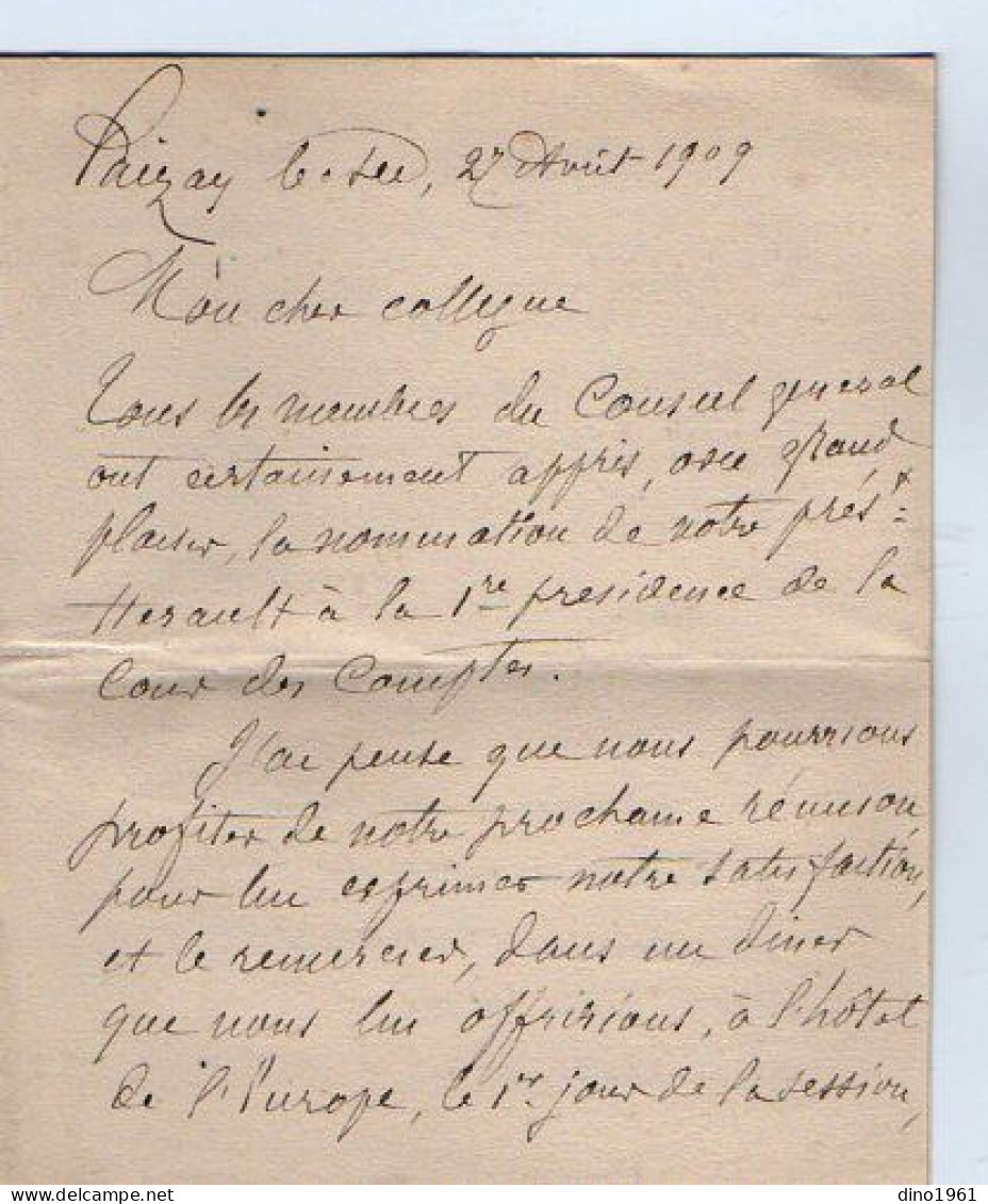 VP22.504 - Politique - PAIZAY LE SEC 1909 - LAS - Lettre De M. TROUVE,Député De La Haute - Vienne à M. RIDOUARD, Député - Politiek & Militair