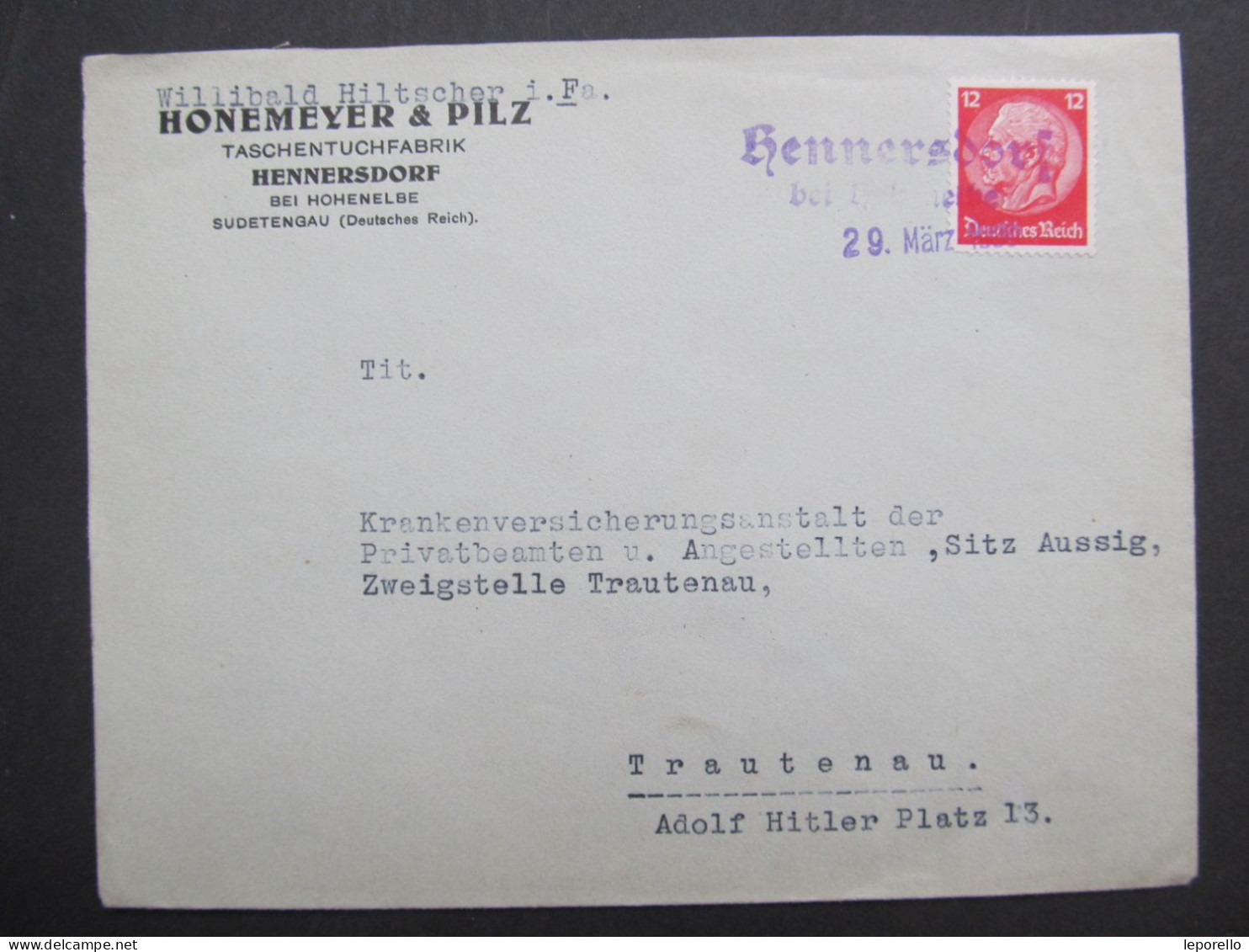 BRIEF Dolní Branná Hennersdorf Hohenelbe Vrchlabí - Trautenau Honemeyer Sudetenland //  R7266 - Sudetenland