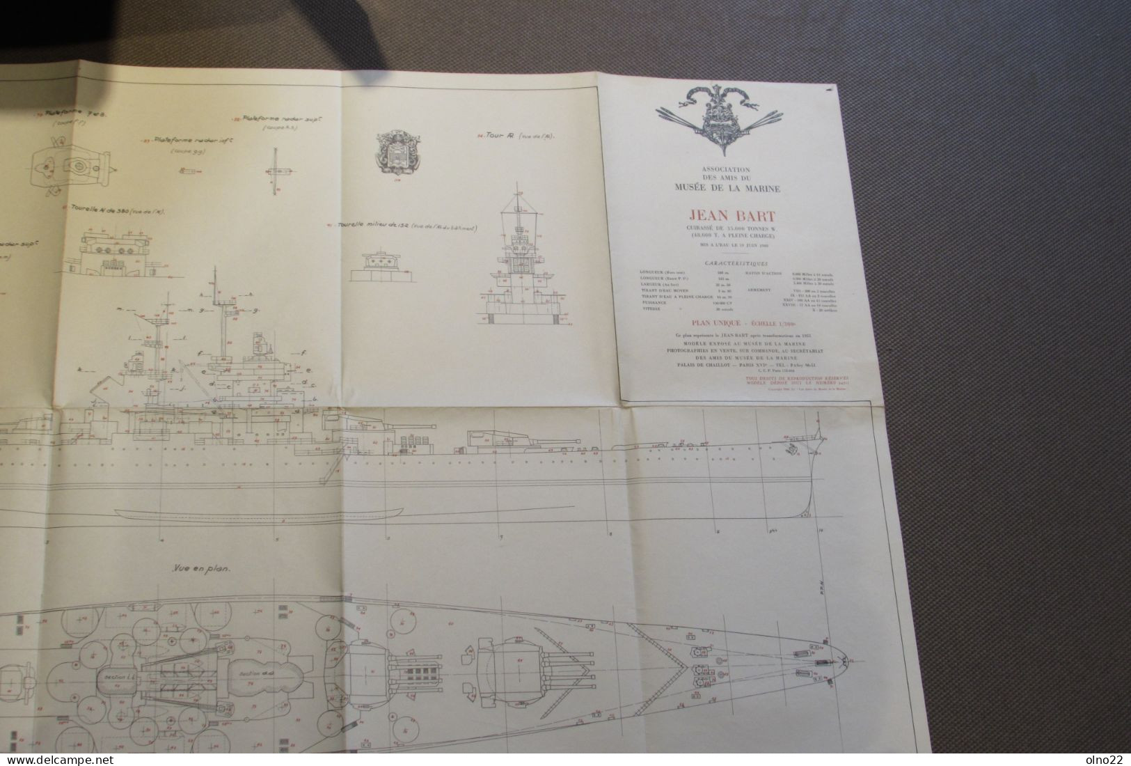 NAVIRE LE JEAN BART-ASS. DES AMIS DES MUSEES DE LA MARINE-MONOGRAPHIE AVEC NOTICE PLAN A L'ECHELLE 1/300+2 phototypies