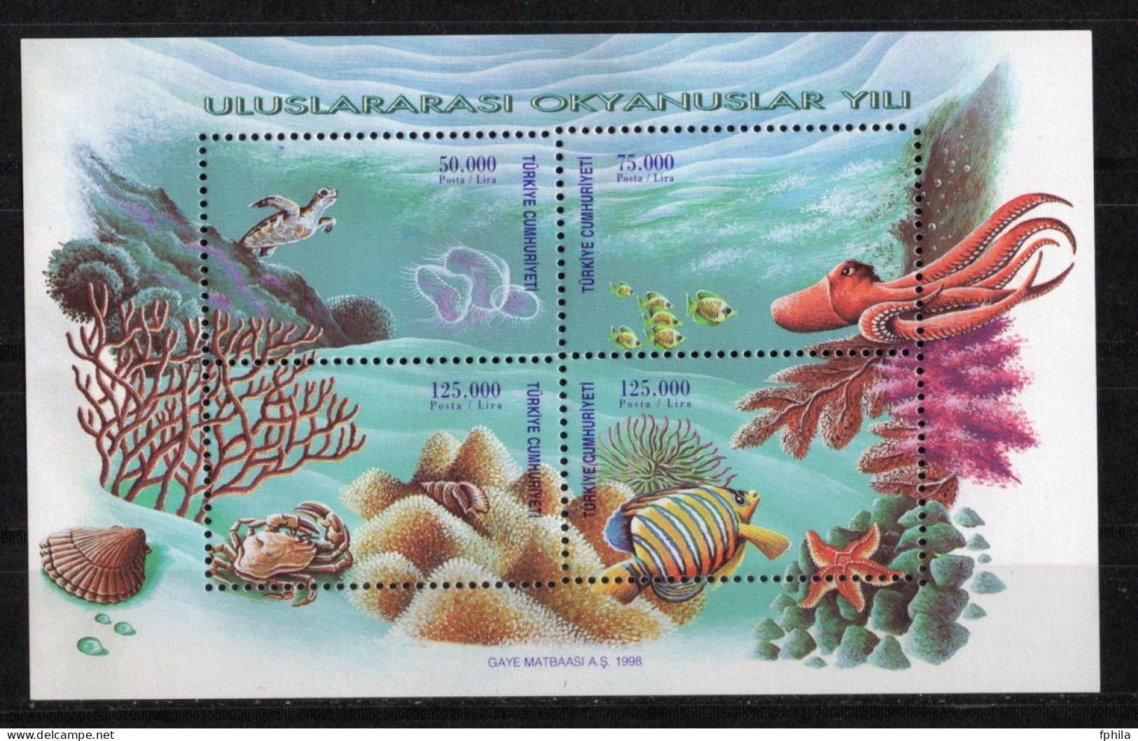 1998 TURKEY PERFORATION ERROR - INTERNATIONAL OCEAN YEAR SOUVENIR SHEET MNH ** - Blocks & Kleinbögen