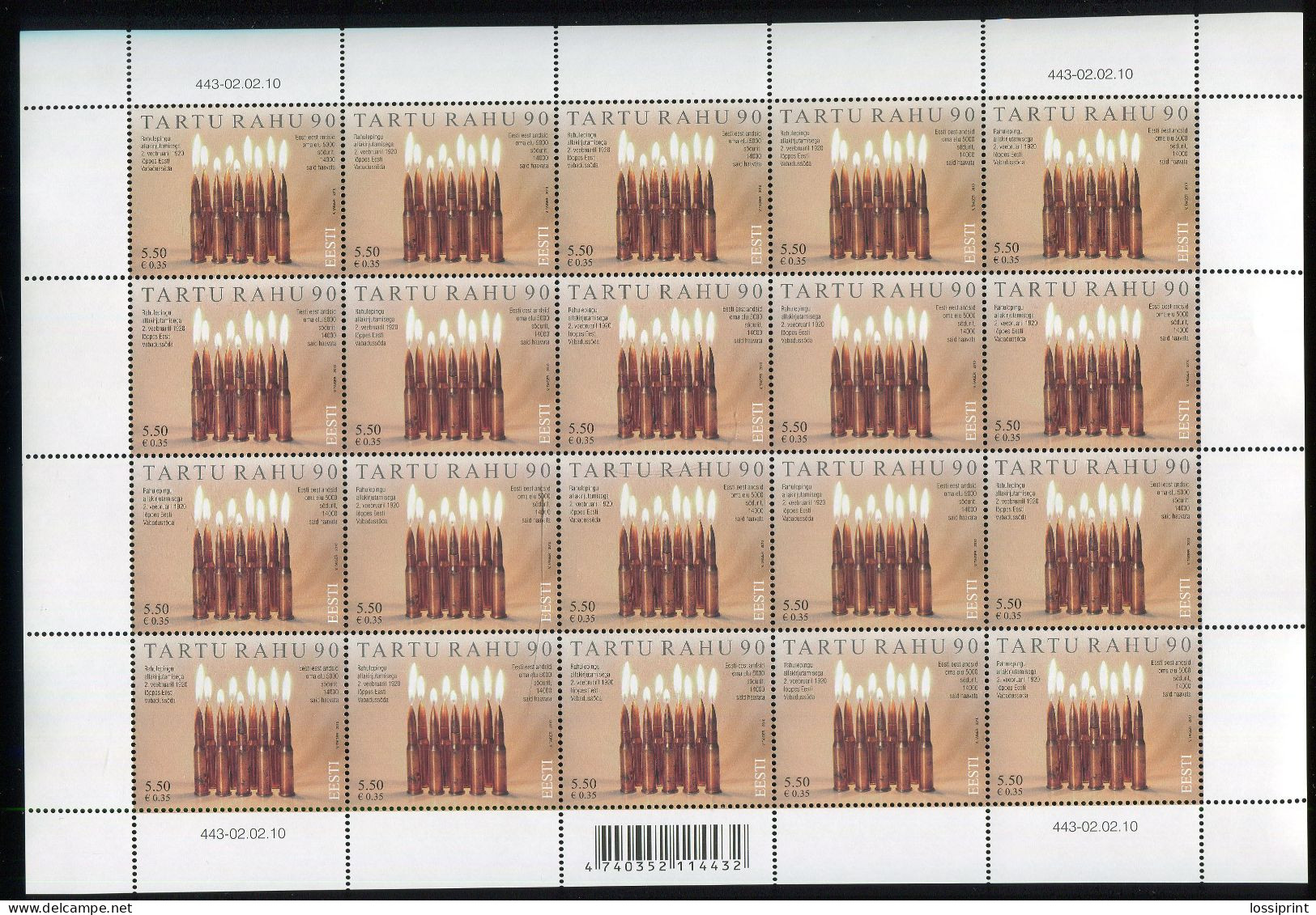 Estonia:Unused Sheet Tartu Peace 90, 2010, MNH - Estonie