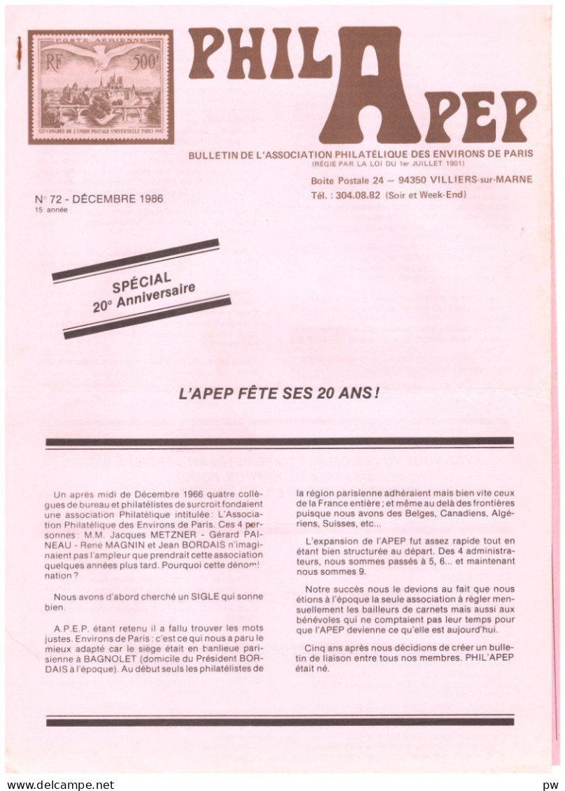 REVUE PHILAPEP  N° 72 Décembre 1986 - Français (àpd. 1941)