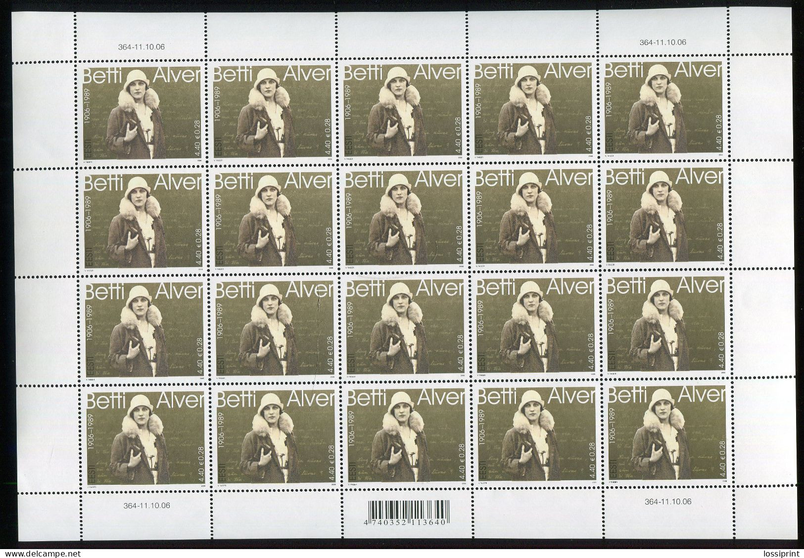 Estonia:Unused Sheet Poet Betti Alver, 2006, MNH - Estonie