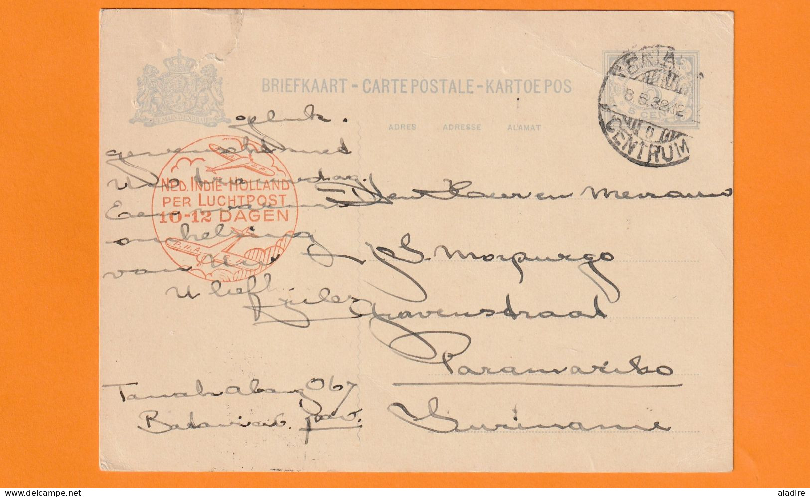 1932 - Entier Carte Postale Par Avion De BATAVIA, Indes Néerlandaises Vers PARAMARIBO, Suriname - Via AMSTERDAM - Niederländisch-Indien