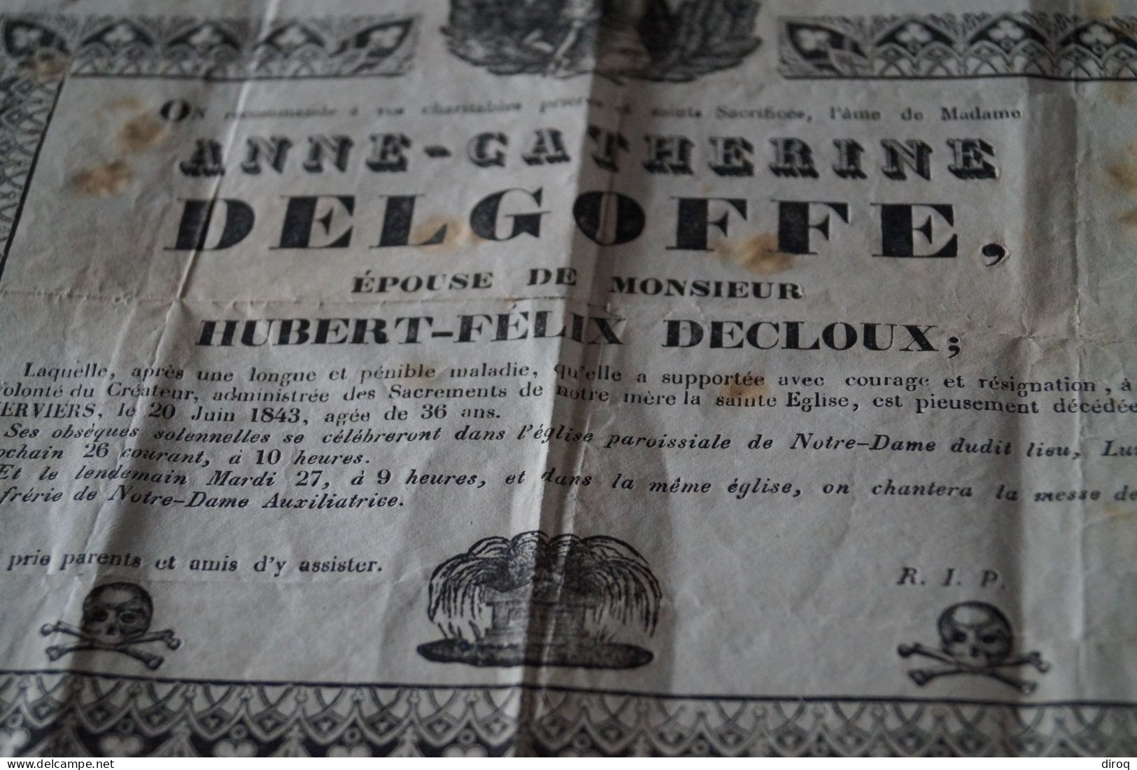 Grand Faire-part De Décès,Delgoffe Anne Catherine,Verviers,décédée à 36 Ans En 1843, 27 Cm./21 Cm. - Obituary Notices