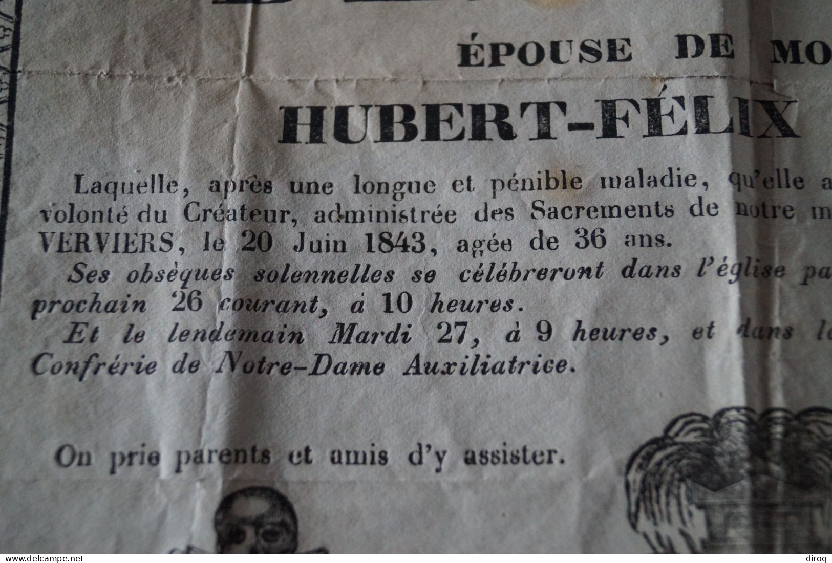 Grand Faire-part De Décès,Delgoffe Anne Catherine,Verviers,décédée à 36 Ans En 1843, 27 Cm./21 Cm. - Obituary Notices