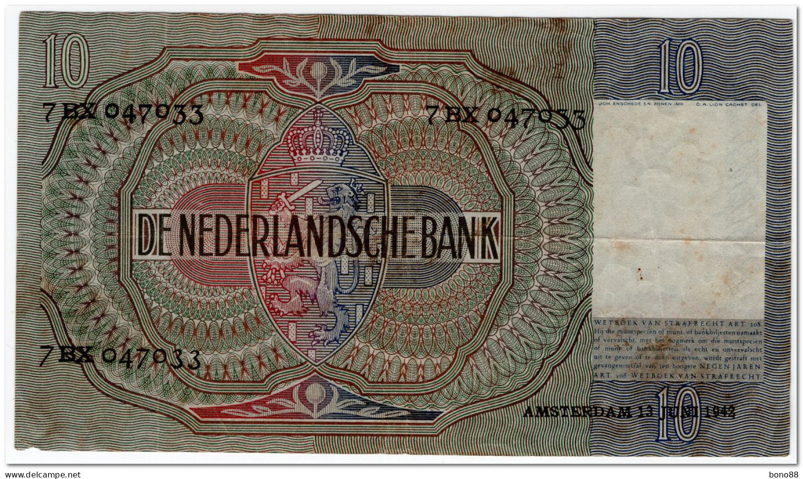 NETHERLANDS,10 GULDEN,1942,P.56b,VF - 10 Gulden