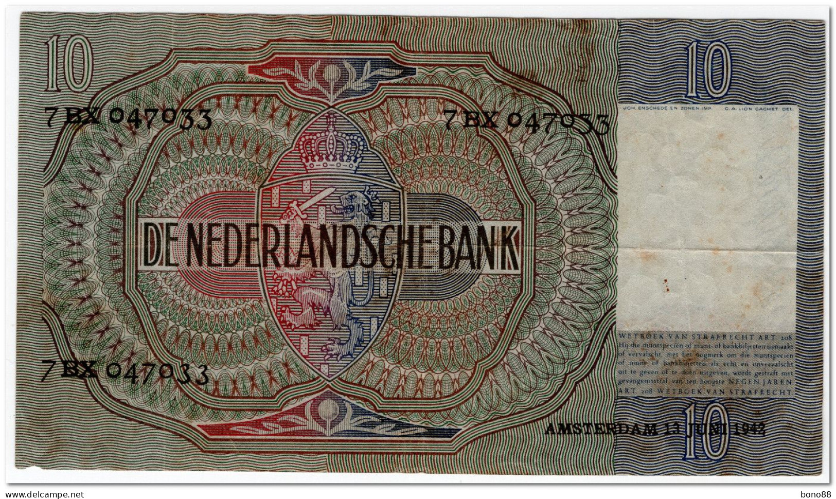 NETHERLANDS,10 GULDEN,1942,P.56b,VF - 10  Florín Holandés (gulden)