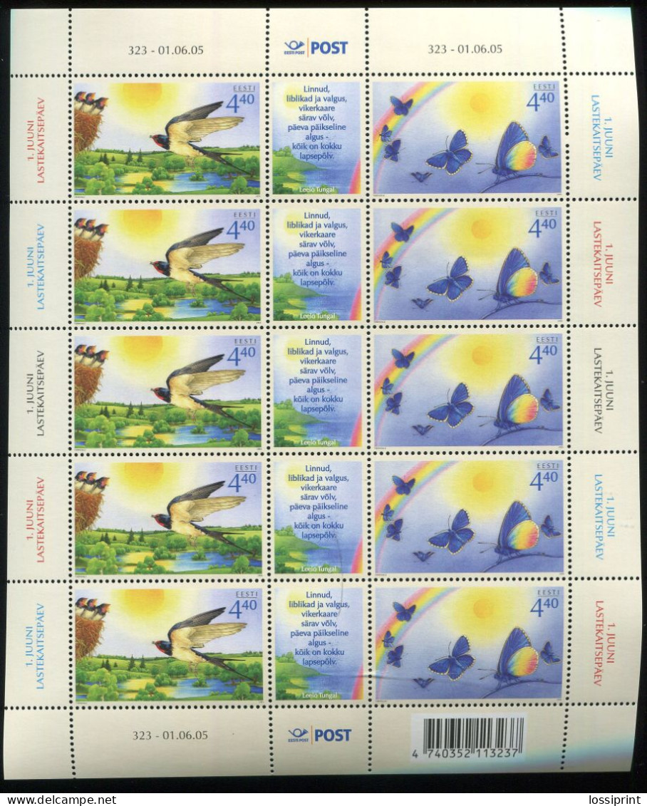 Estonia:Unused Sheet Children's Defence Day, Swallow, Butterfly, 2005, MNH - Estonie