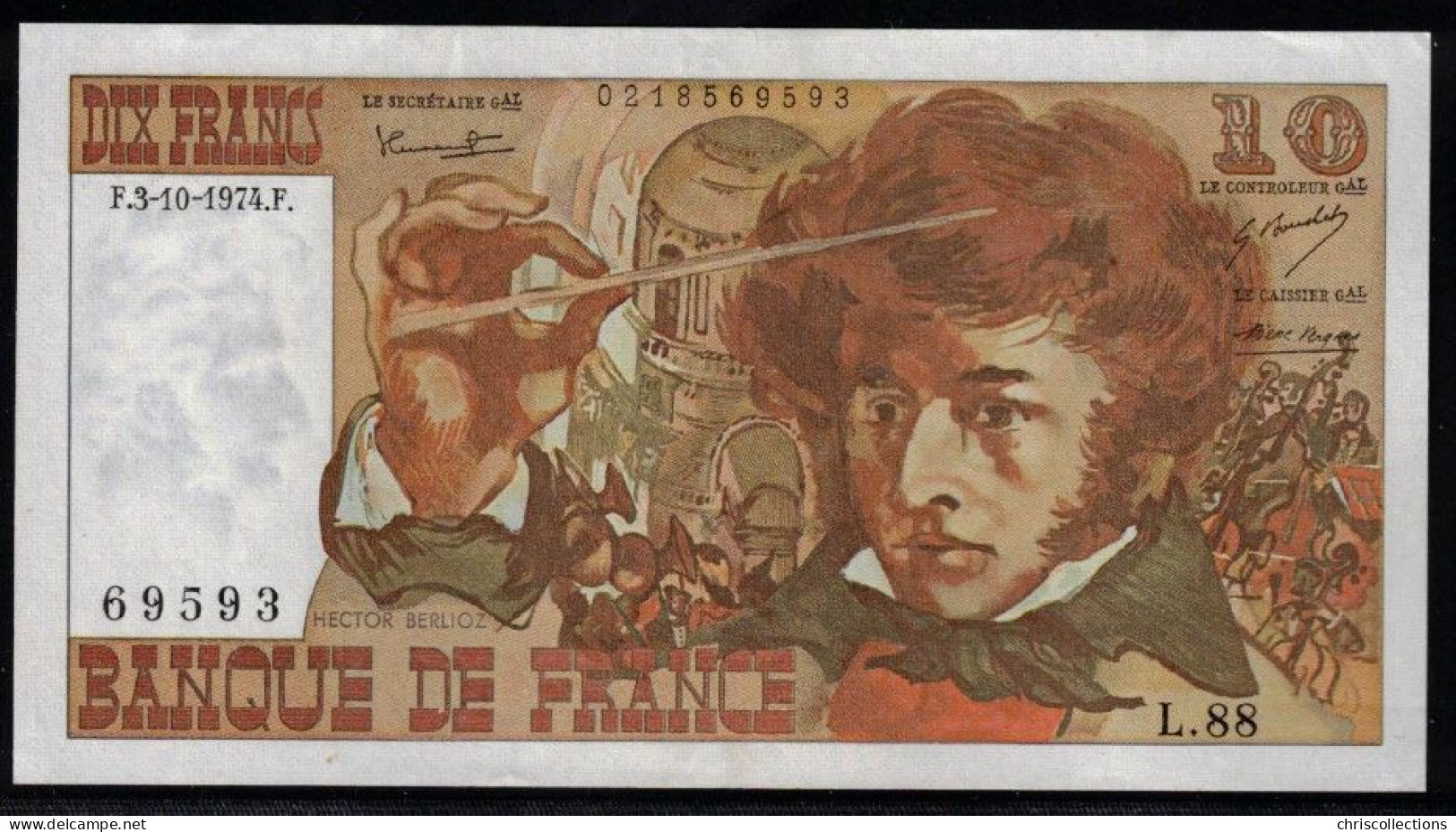 FRANCE -  10 Francs BERLIOZ - 3.10.1974 - L.88 - N° De Billet : 69593 - F : 63/7a - TTB+ - 10 F 1972-1978 ''Berlioz''