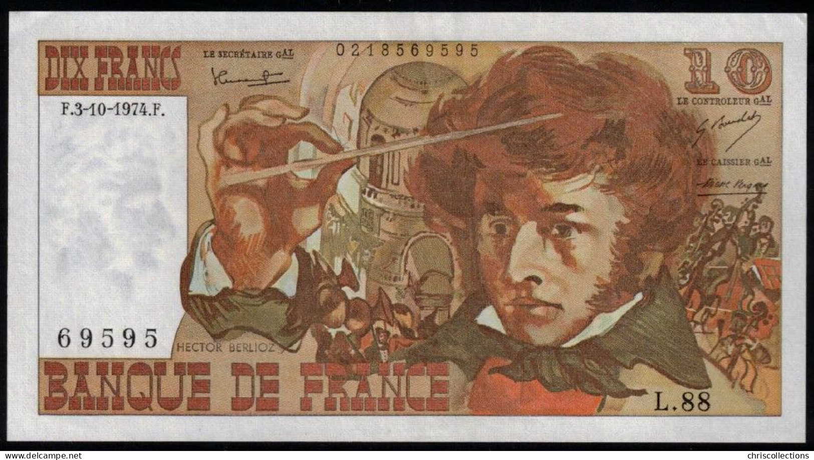 FRANCE -  10 Francs BERLIOZ - 3.10.1974 - L.88 - N° De Billet : 69595 - F : 63/7a - TTB+/Sup - 10 F 1972-1978 ''Berlioz''