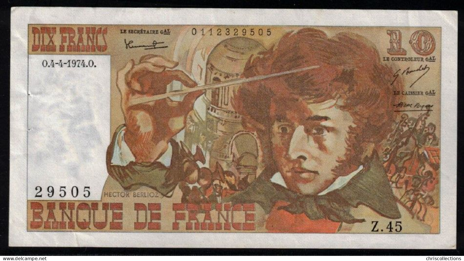 FRANCE -  10 Francs BERLIOZ - 4.4.1974 - Z.45 - N° De Billet : 29505 - F : 63/4 - TTB/TTB+ - 10 F 1972-1978 ''Berlioz''