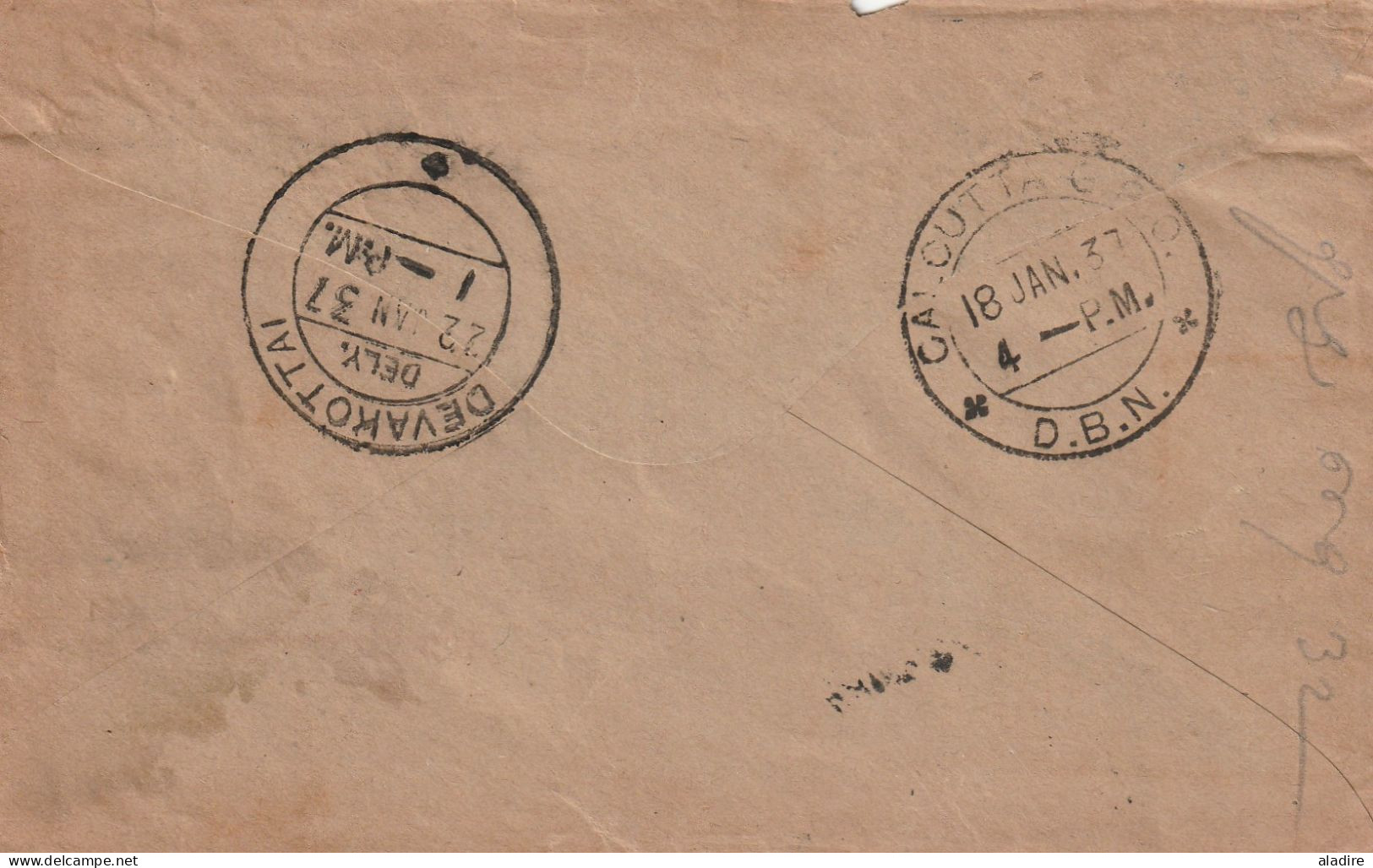 1937 - Enveloppe De SAIGON CENTRAL Vers DEVAKOTA, Inde Du Sud - Via MADRAS - AIR FRANCE - Cad Arrivée - 40 Piastres - Poste Aérienne