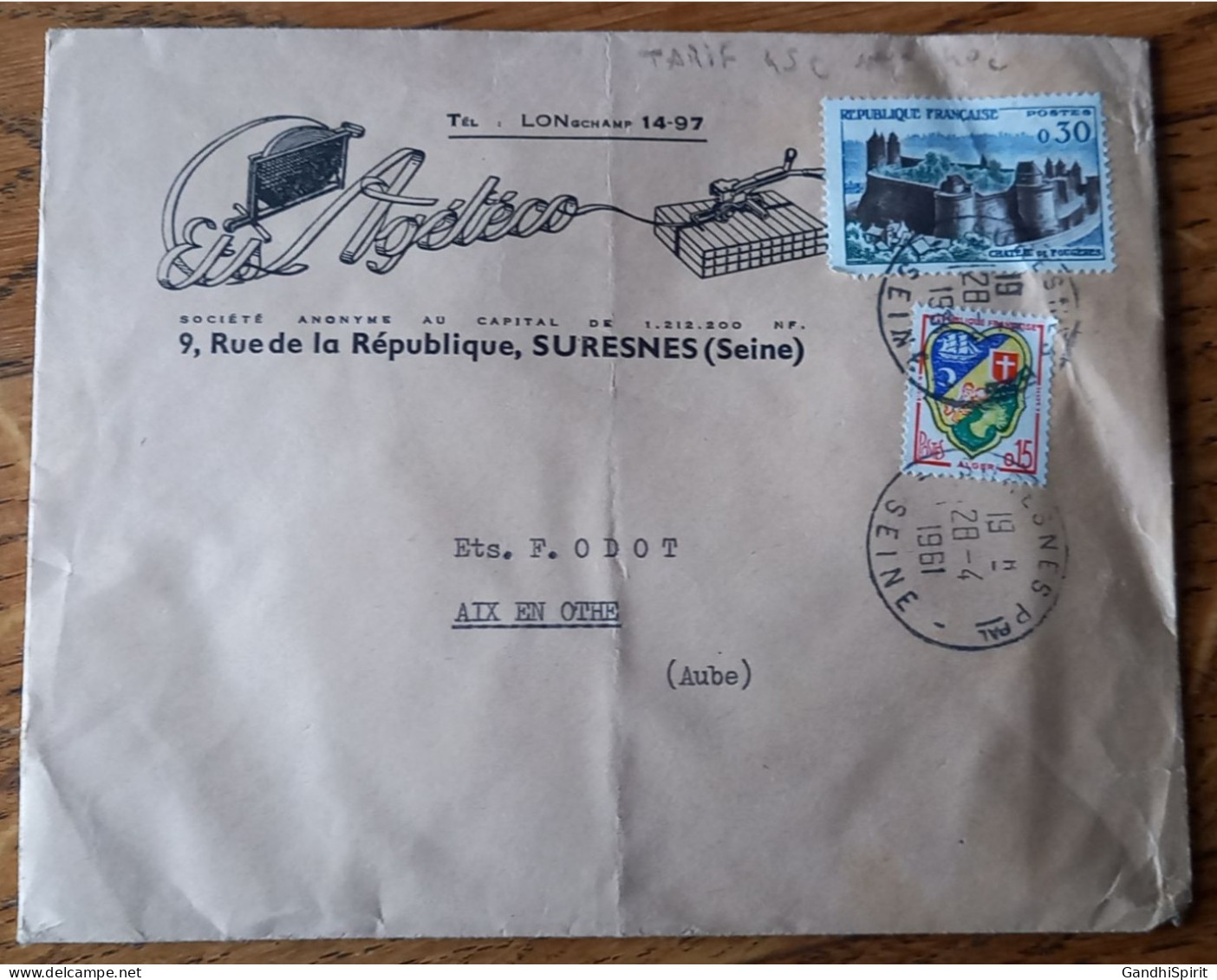 Tarif Postal De 1961 - 45c Pour 40c - Suresnes Principal Enveloppe à Entête Aix En Othe - TP N°1232, 1236 TAD 28.04.1961 - Postal Rates