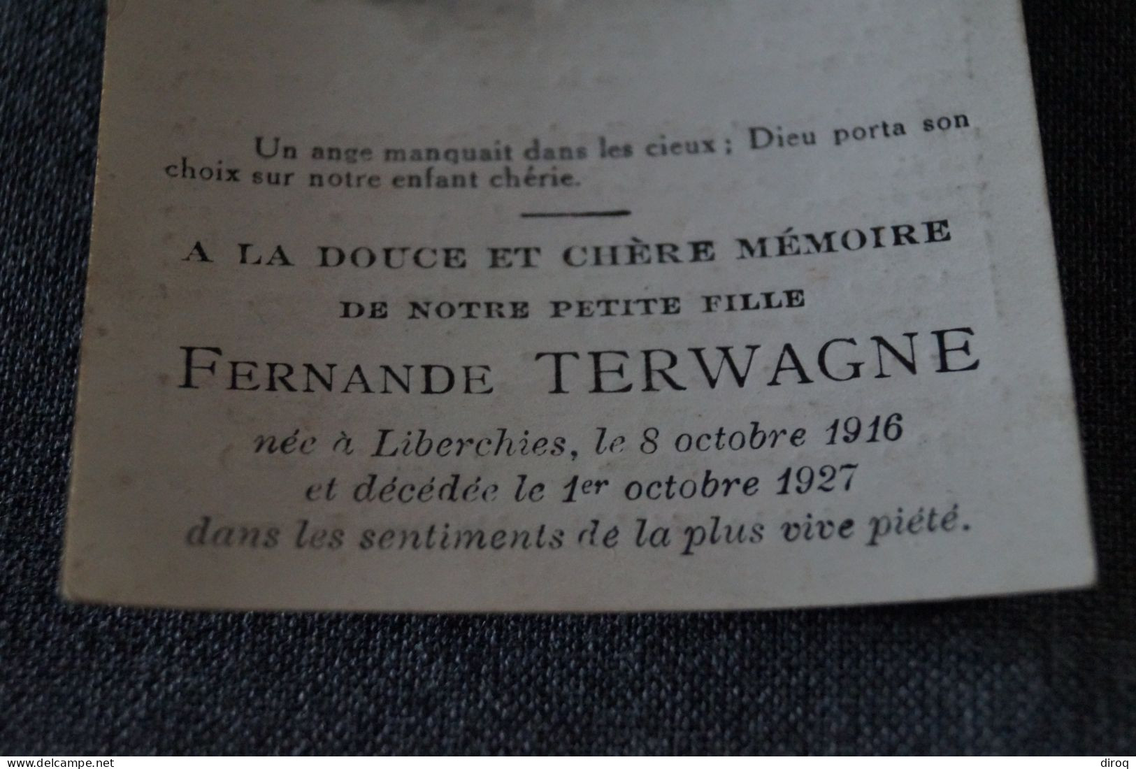 Terwagne Fernande,née à Liberchies En 1916 ,décédée En 1927 - Overlijden