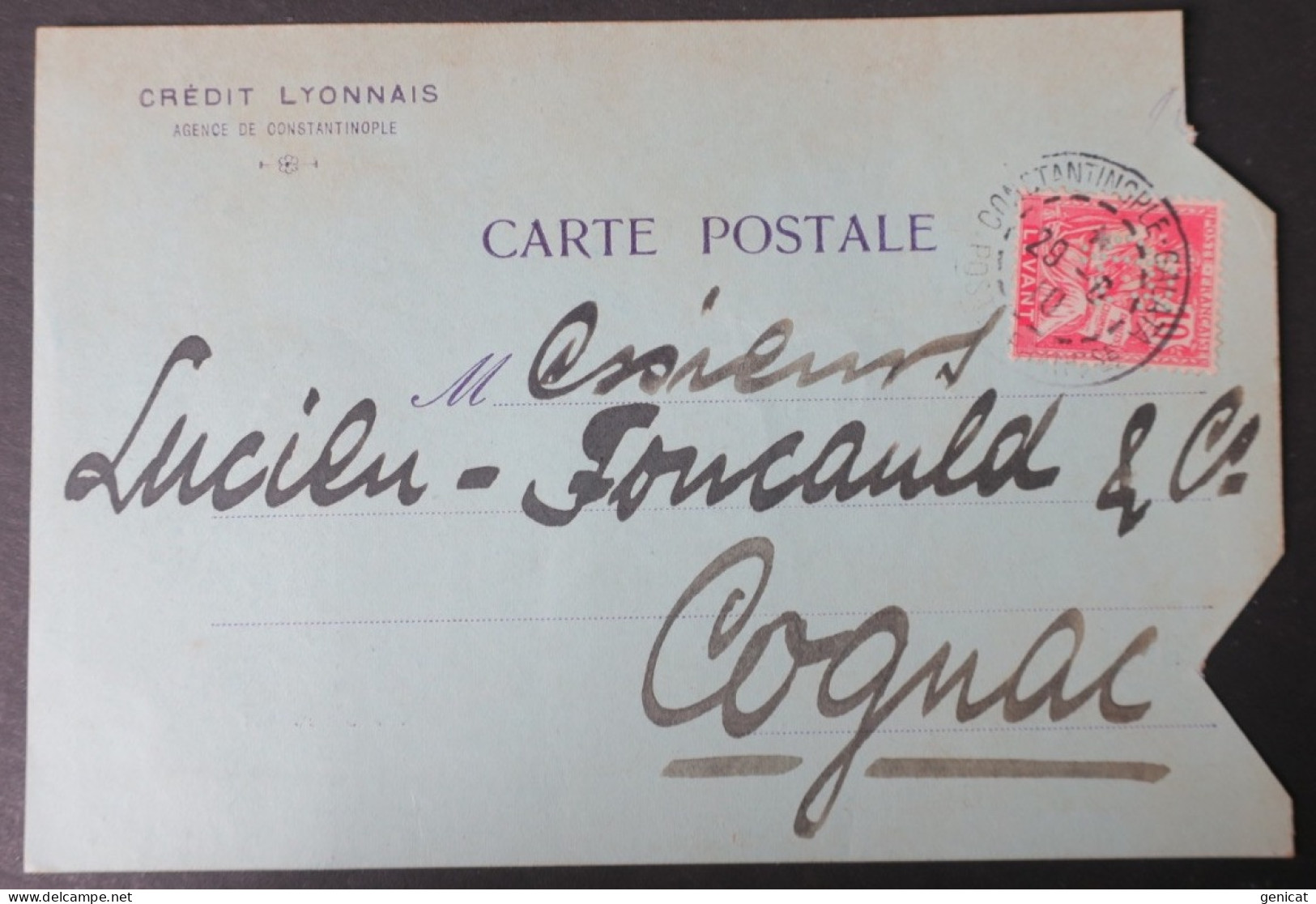 Levant Mouchon Perforé CL (249) Sur Carte Commerciale Credit Lyonnais Agence De Constantinople  1910 Pour Cognac - Storia Postale
