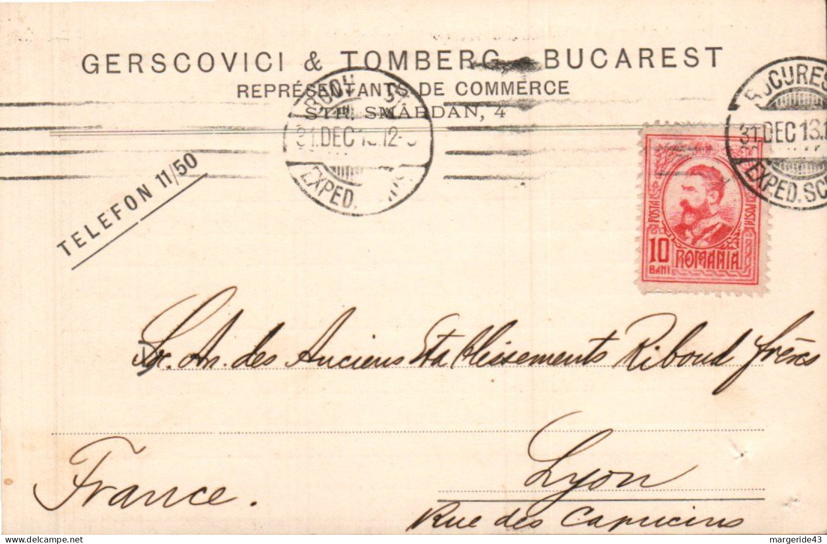 ROUMANIE ROYAUME SEUL SUR CARTE POUR LA FRANCE 1913 - Lettres & Documents