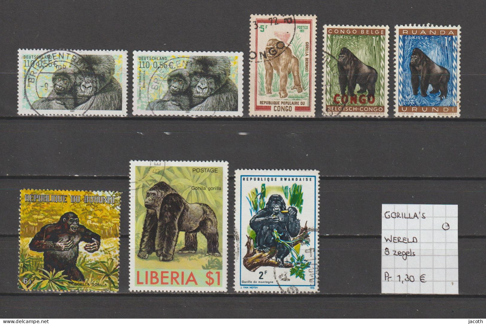 (TJ) Zoogdieren - Gorilla - Wereld 8 Zegels (gest./obl./used) - Gorillas