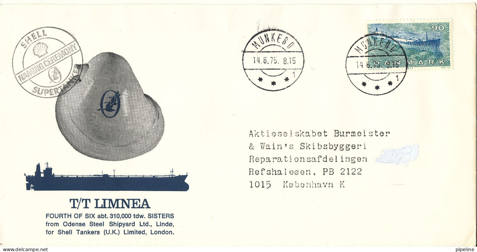 Denmark Cover Munkebo 14-6-1975 SHELL Naming Ceremony Supertanker T/T Limnea - Storia Postale