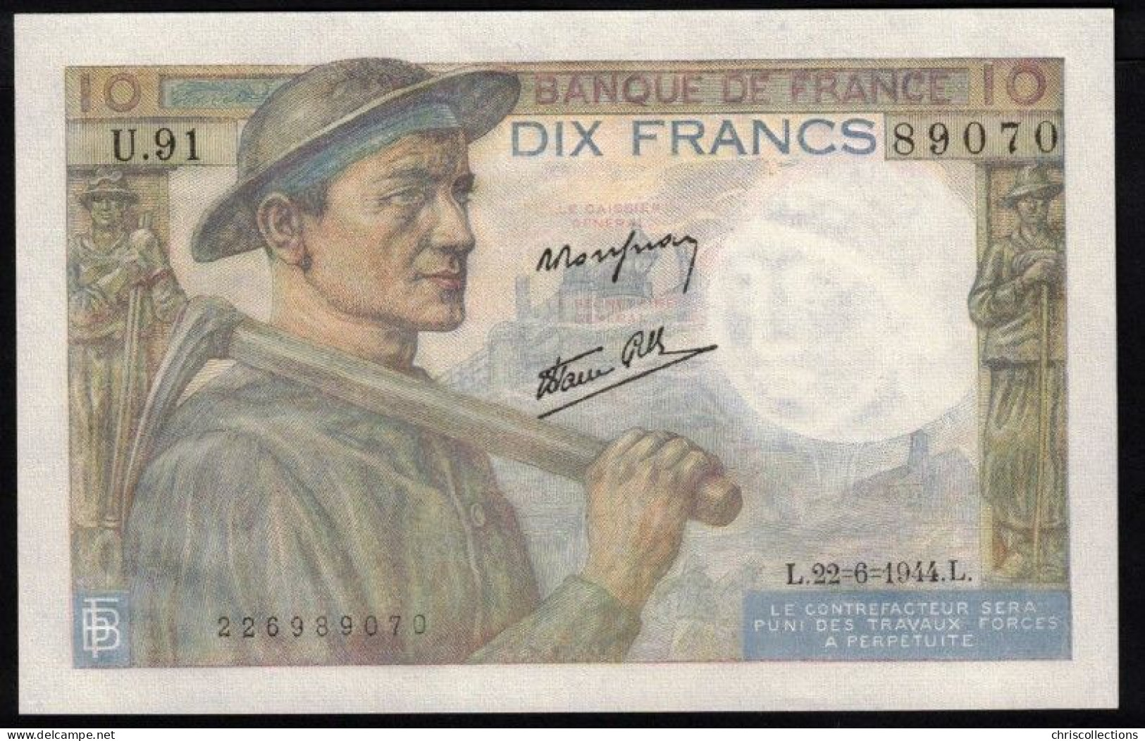 FRANCE -  10 Francs MINEUR - 22.6.1944 - Série : U.91 - N° Du Billet : 89070 - F :  8/12 - SUP+ - 10 F 1941-1949 ''Mineur''