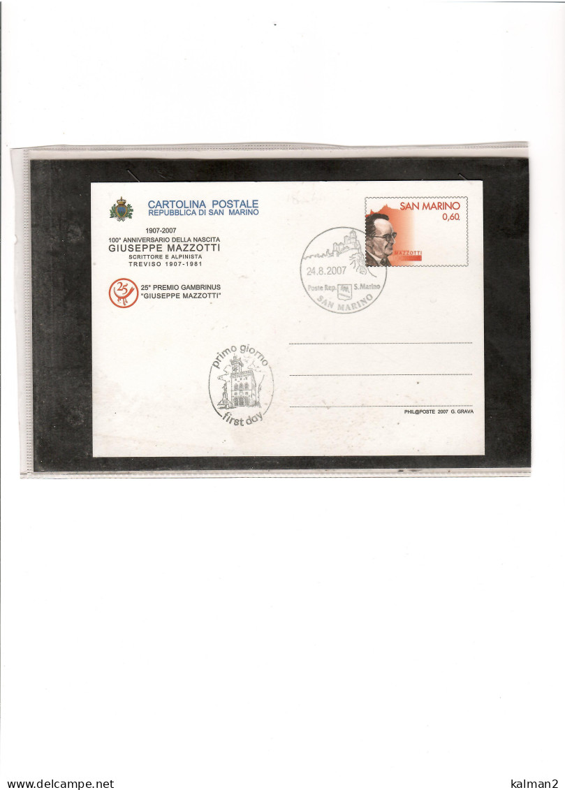 TEM18844  -  SAN MARINO  24.8.2007  /    FDC CAT.FILAGRANO C.88 - ANN. NASCITA GIUSEPPE MAZZOTTI - Postal Stationery