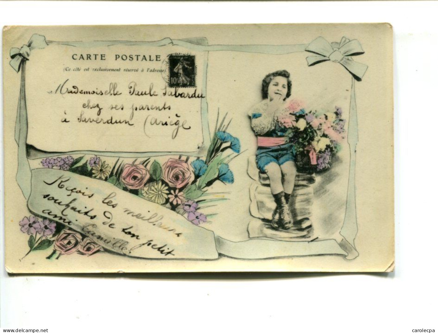 CP - TIMBRE - Représentation Enfant Au Bouquet Et Carte Postale Avec 10c Semeuse - Timbres (représentations)
