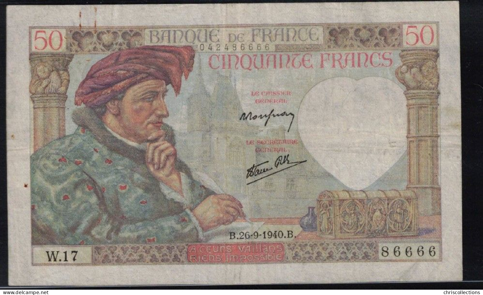 FRANCE -  50 Francs JACQUES COEUR - 26.9.1940 - F : 19/3 - TB - Série W.17 - N° De Billet : 86666 - 50 F 1940-1942 ''Jacques Coeur''