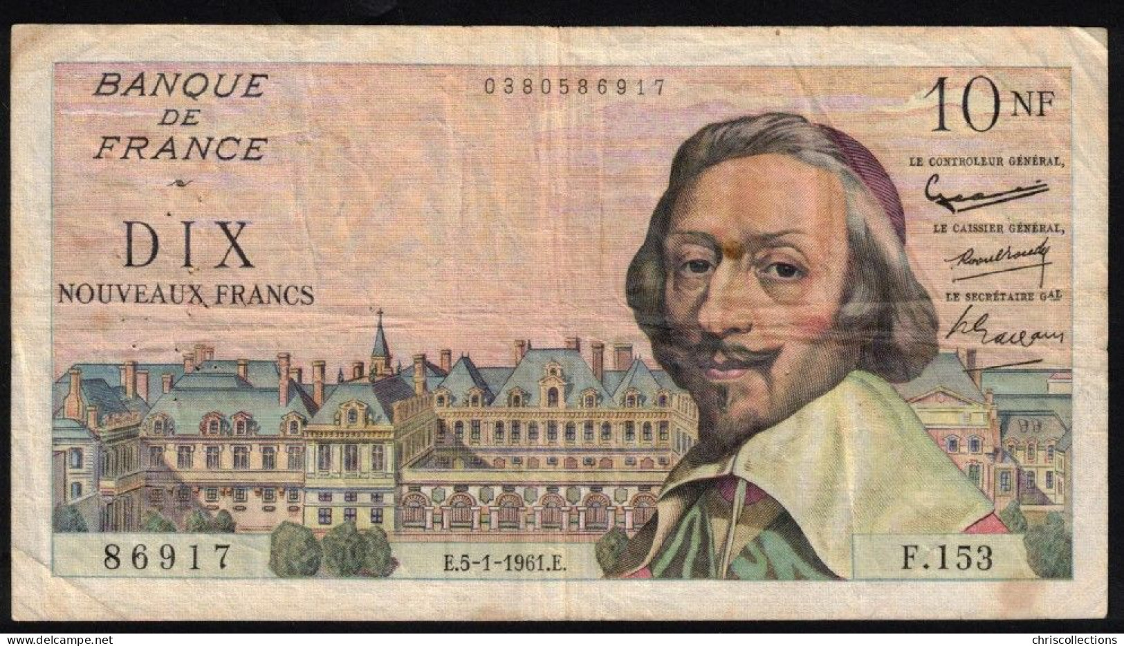 FRANCE -   10 Nouveaux Francs RICHELIEU - 5.1.1961 - F : 57/13 - TB - Série F.153 - N° De Billet : 86917 - 10 NF 1959-1963 ''Richelieu''