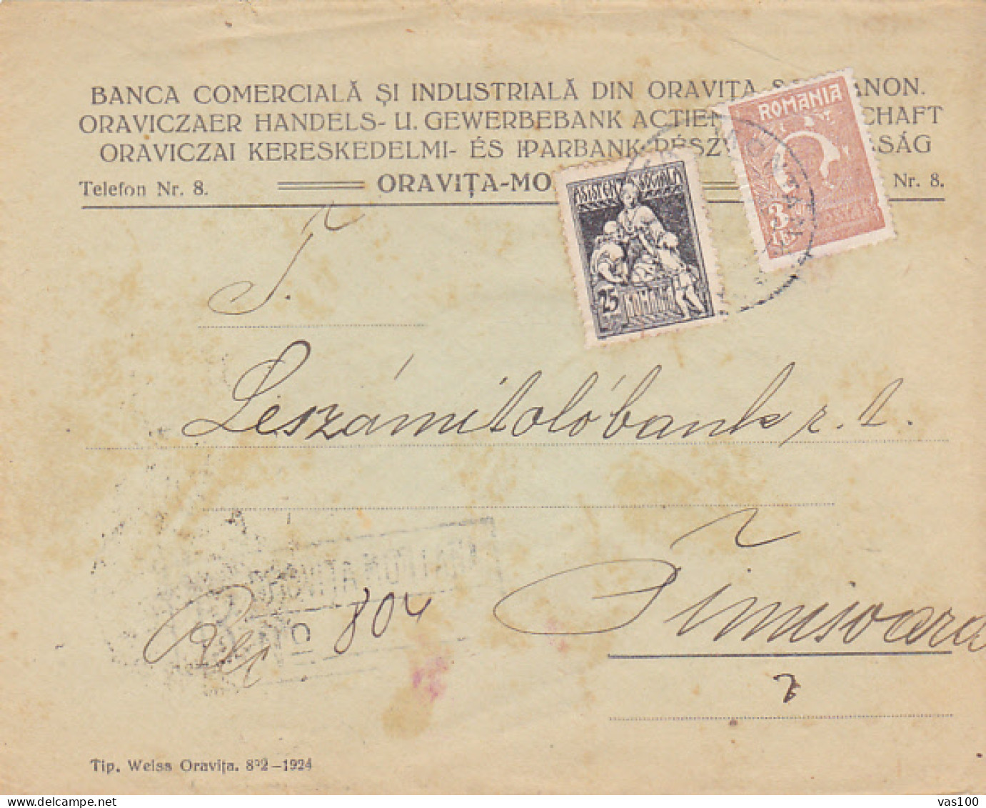 SOCIAL ASSISTANCE, KING FERDINAND I STAMPS ON ORAVITA BANK HEADER COVER, 1925, ROMANIA - Covers & Documents