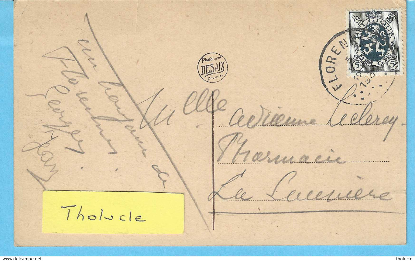 Florennes-( Province De Namur)-écrite En 1930-La Gare Centrale-Timbre "Lion Héraldique" 5c Bleu-gris COB 279- 1929-1932 - Florennes