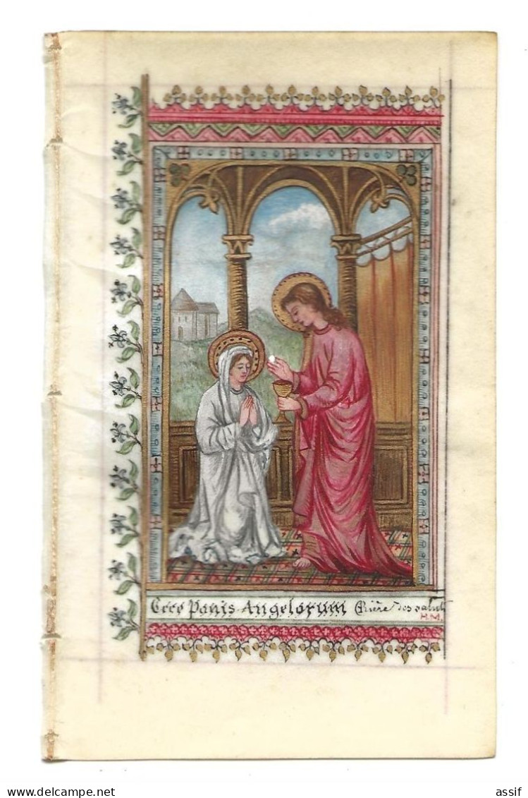 Image Ecce Panis Angelorum  Aquarelle Sur Vélin  - 1886 ?  Signée H. M.  13x 8 Cm - Devotieprenten