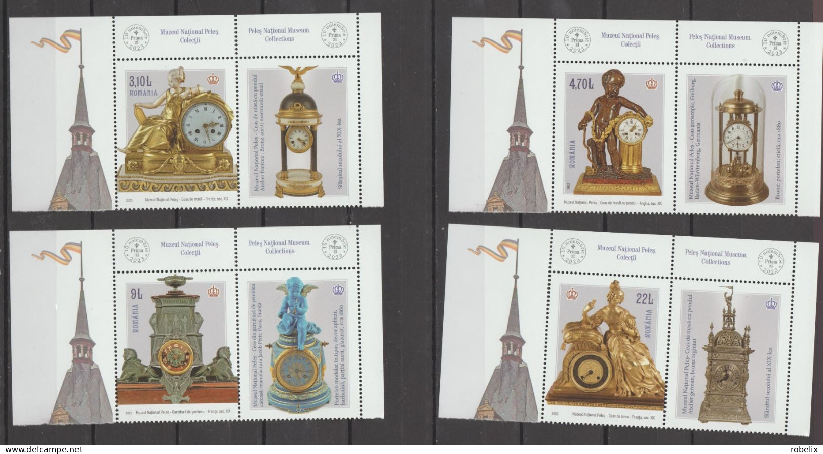 ROMANIA 2023  PELEȘ NATIONAL MUSEUM - COLLECTIONS - CLOCKS  Set Of 4 Stamps With Labels  MNH** - Orologeria