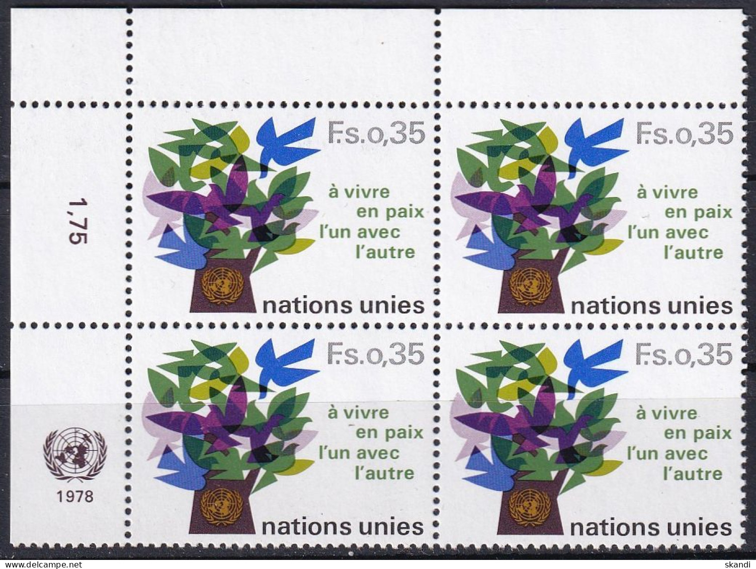 UNO GENF 1978 Mi-Nr. 72 Eckrand-Viererblock ** MNH - Ongebruikt