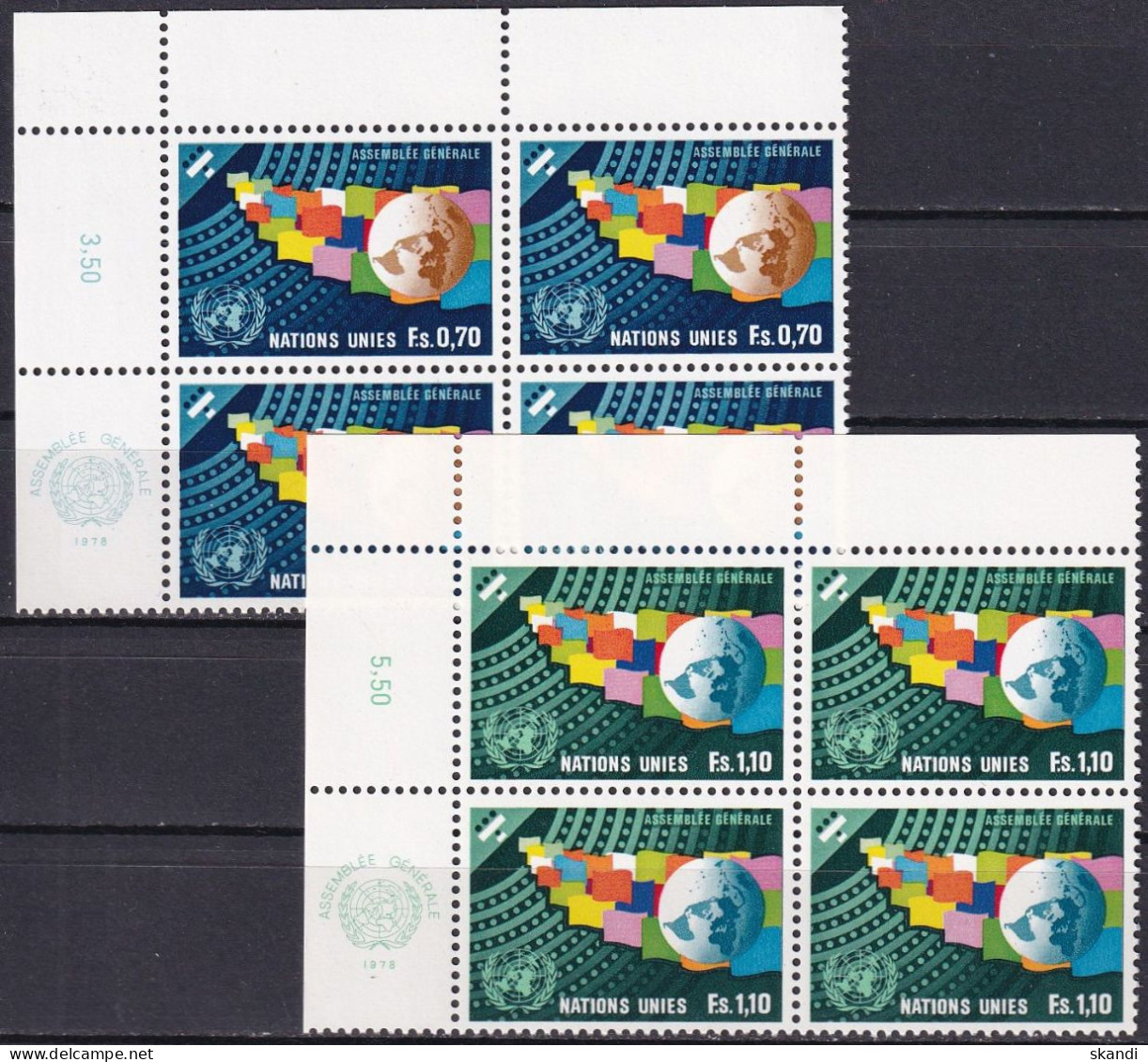 UNO GENF 1978 Mi-Nr. 78/79 Eckrand-Viererblocks ** MNH - Ungebraucht