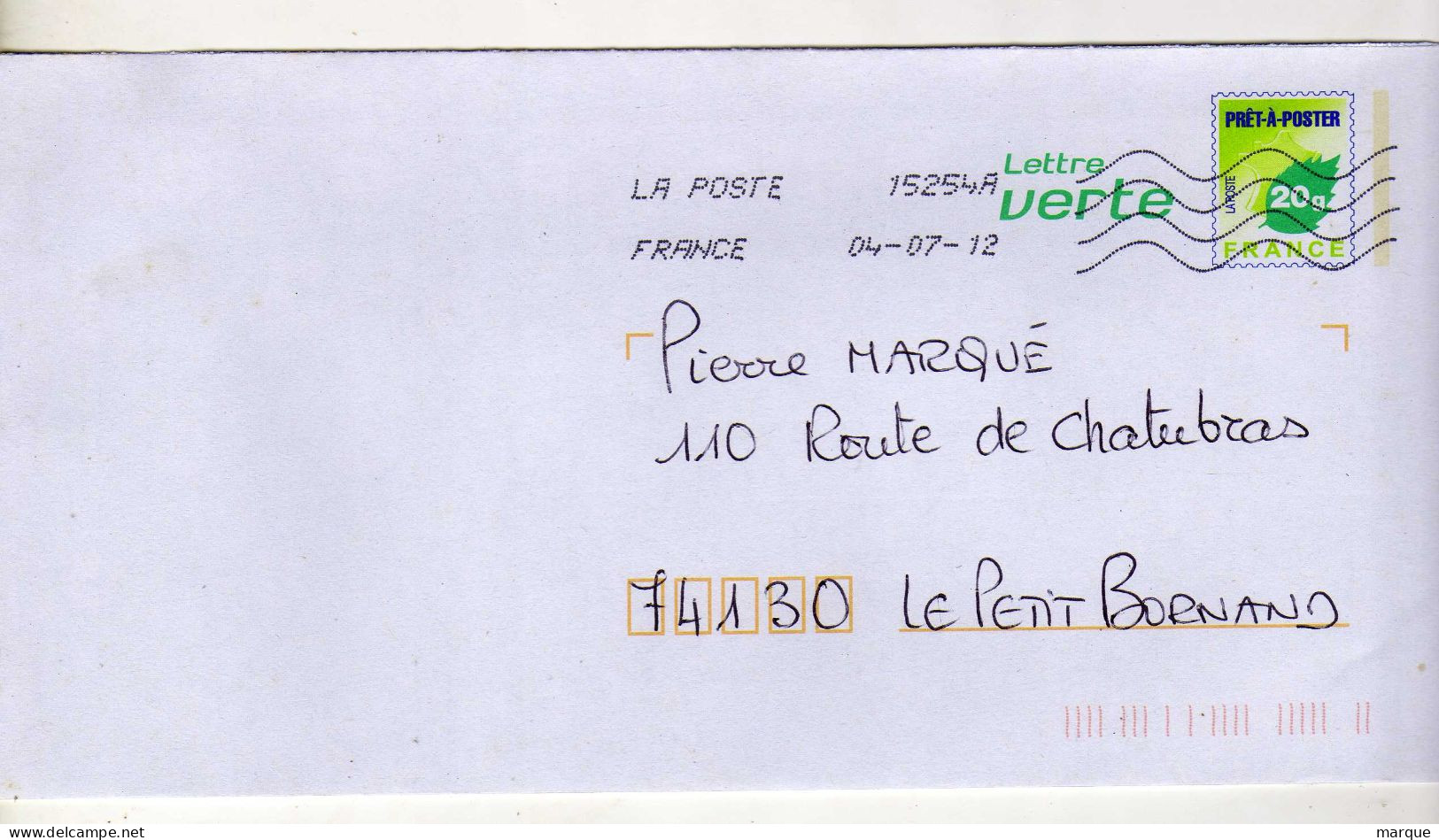 Enveloppe FRANCE Prêt à Poster Lettre Verte 20g Oblitération LA POSTE 15254A 04/07/2012 - PAP: Sonstige (1995-...)