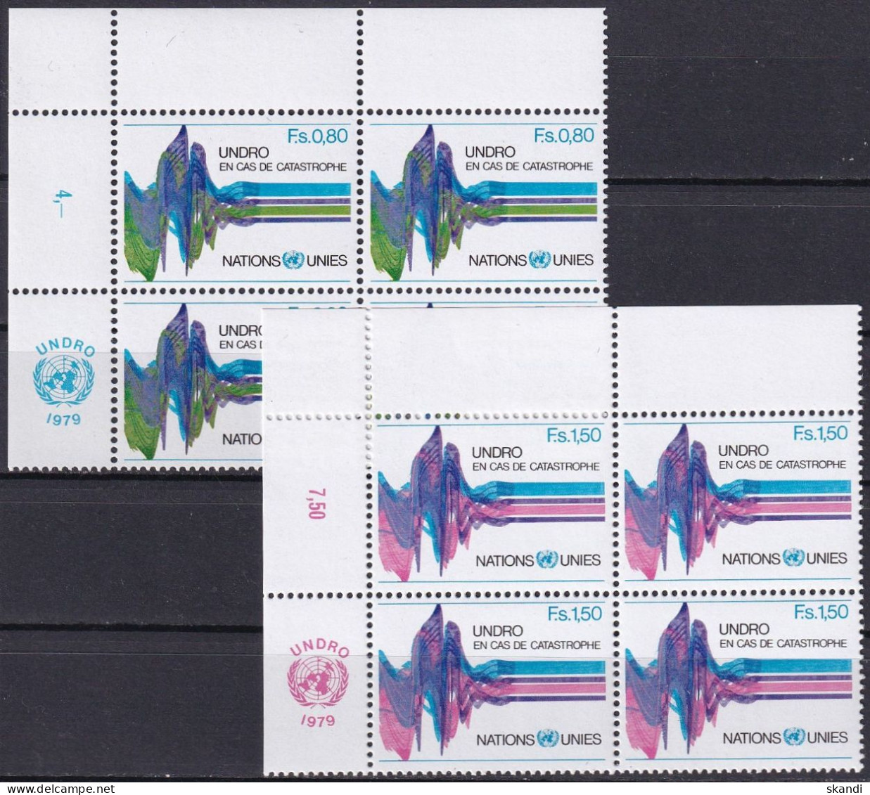 UNO GENF 1979 Mi-Nr. 81/82 Eckrand-Viererblocks ** MNH - Nuevos