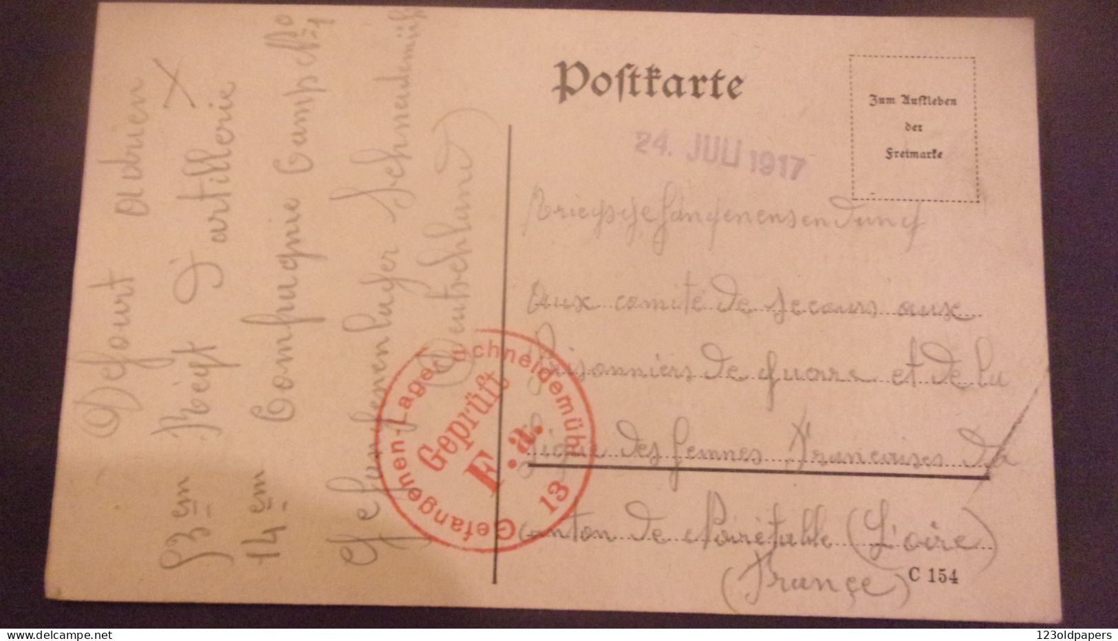 WWI Recepisse Remise Colis Camp Prisonniers SCHNEIDEMUHL   Cachet  LIGUE FEMMES FRANCAISES  42 - Guerra Del 1914-18